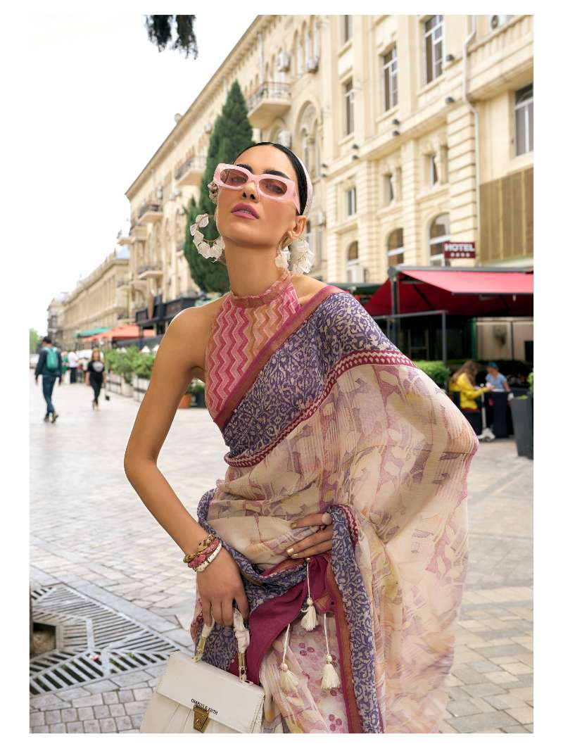 LIGHT CREAM  VISCOSE MUL LIVA BLOCK PRINTED SAREE