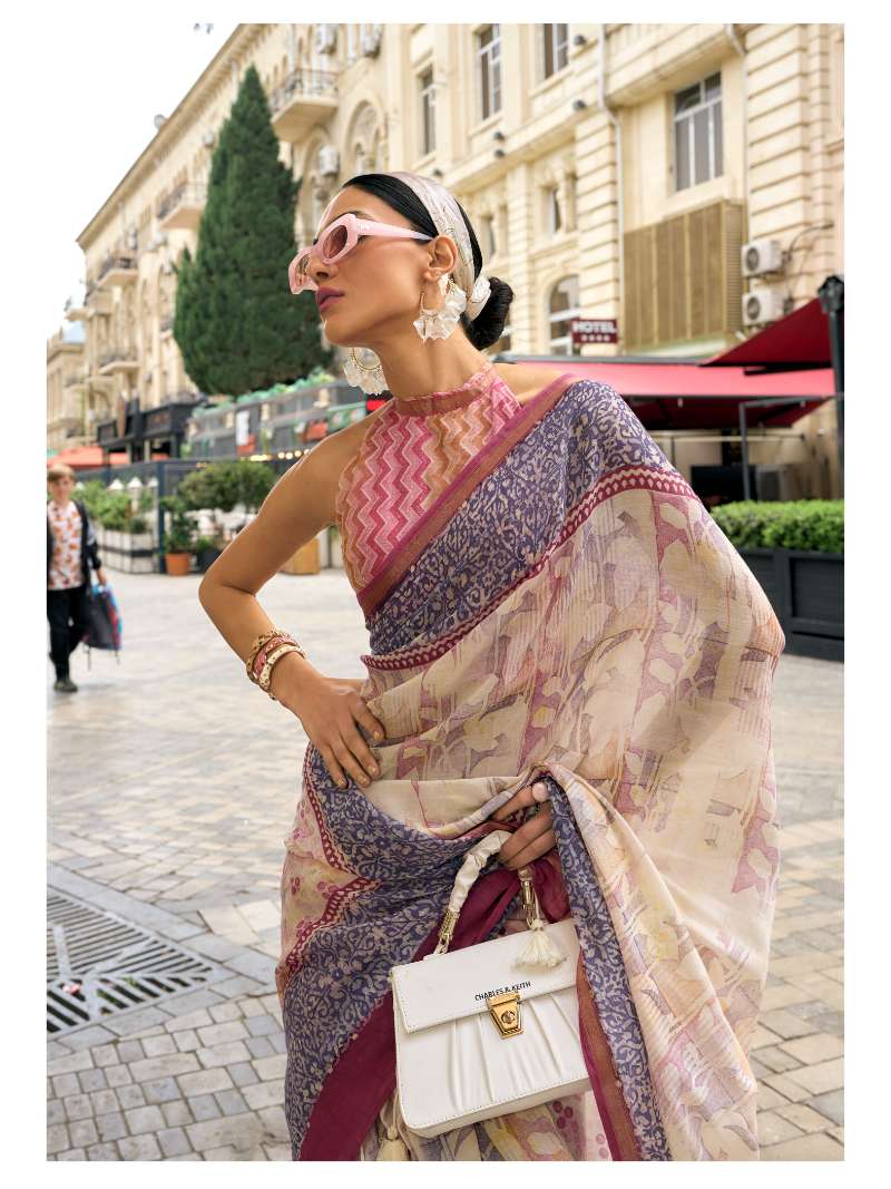 LIGHT CREAM  VISCOSE MUL LIVA BLOCK PRINTED SAREE