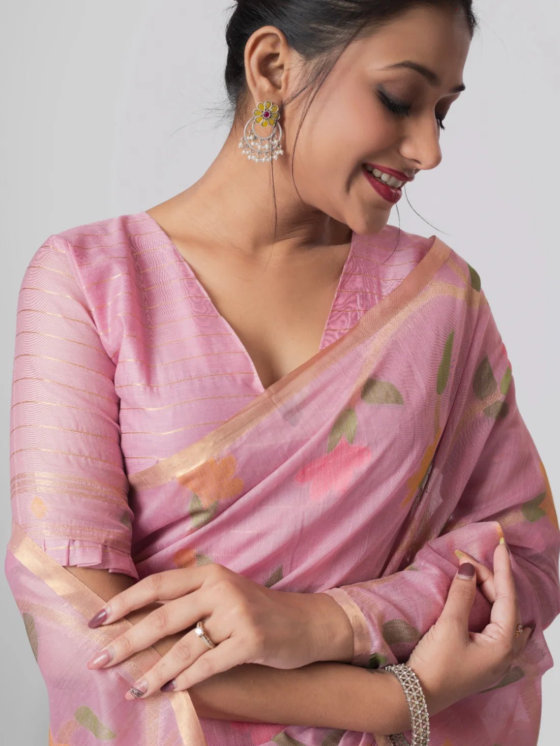 LIGHT PINK LEAF MOTIF COTTON SILK JAAL SAREE