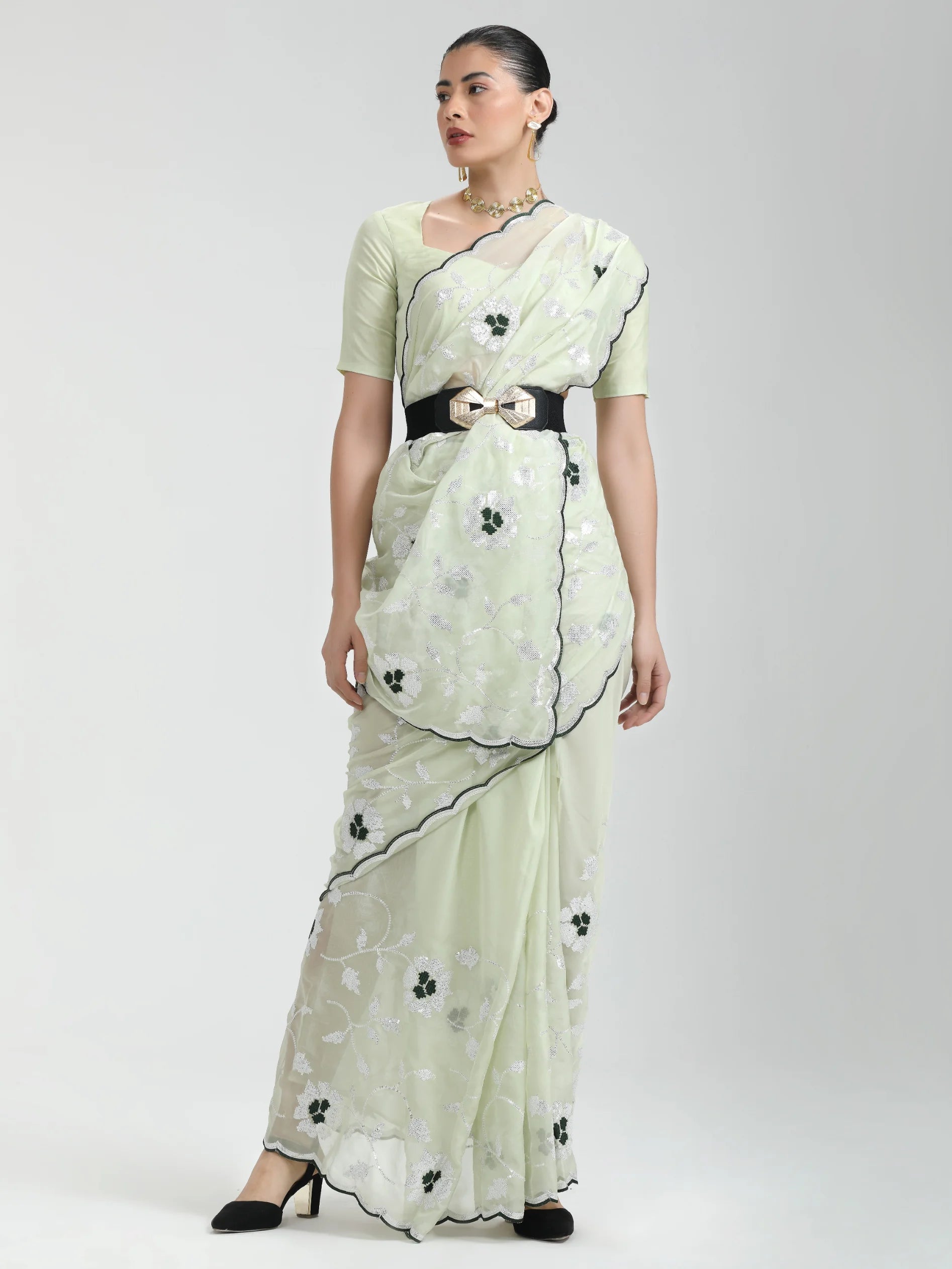 LIGHT PISTA ORGANZA SAREE WITH JAAL & FLOWER EMBROIDERY