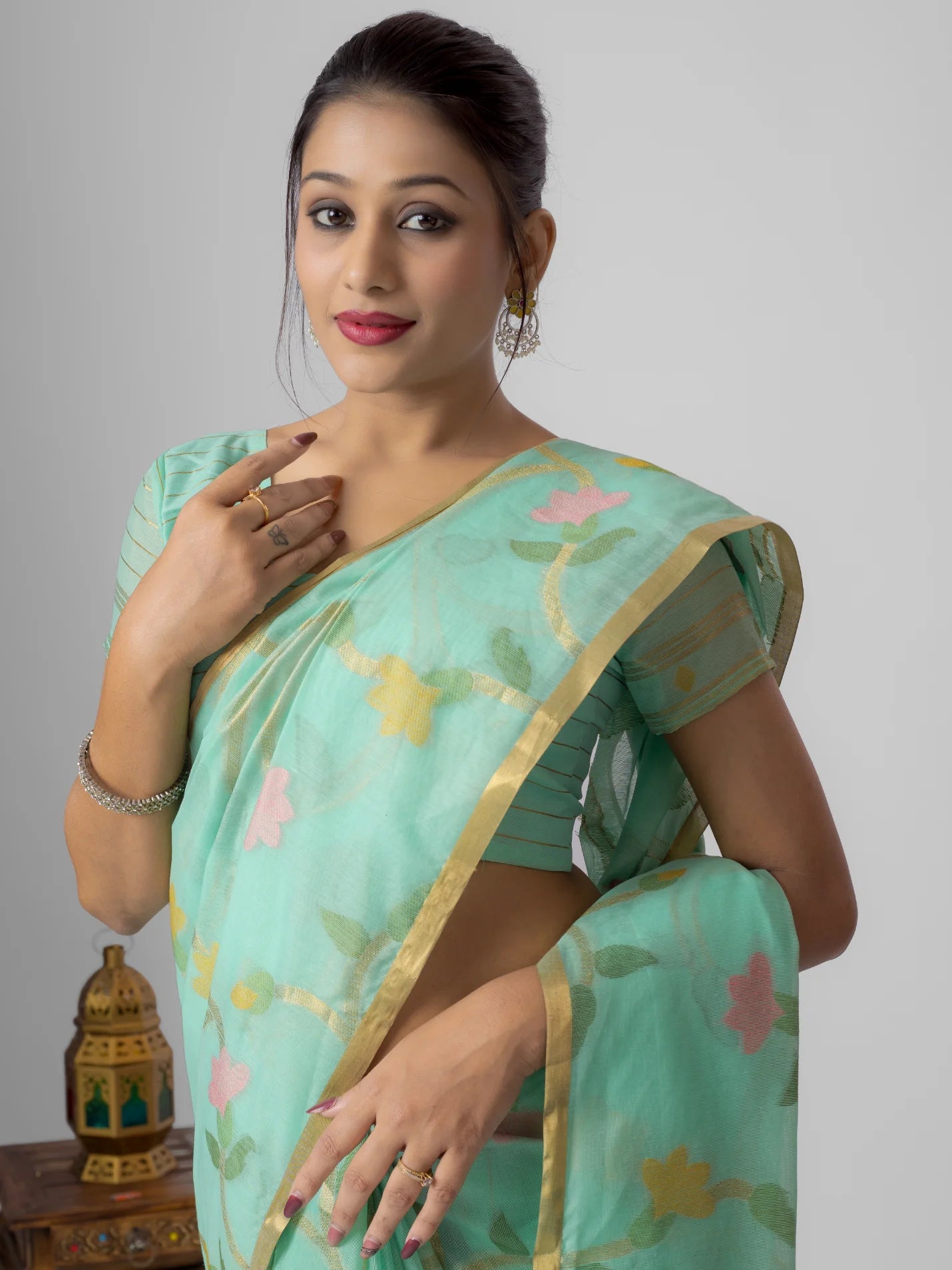 LIGHT RAMA GREEN MOTIF PRINT COTTON SILK JAAL SAREE