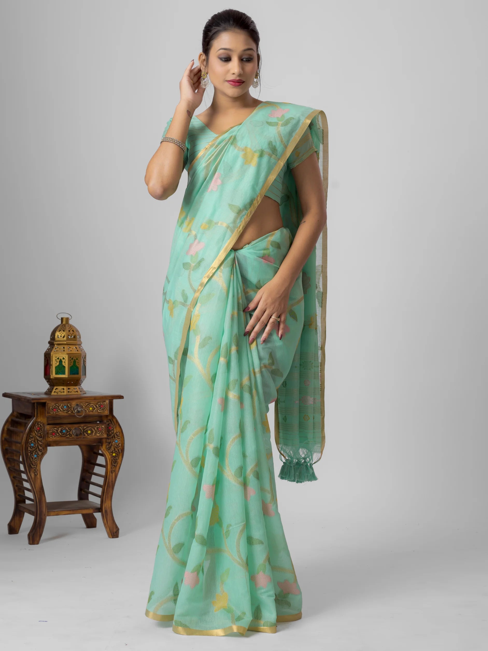 LIGHT RAMA GREEN MOTIF PRINT COTTON SILK JAAL SAREE