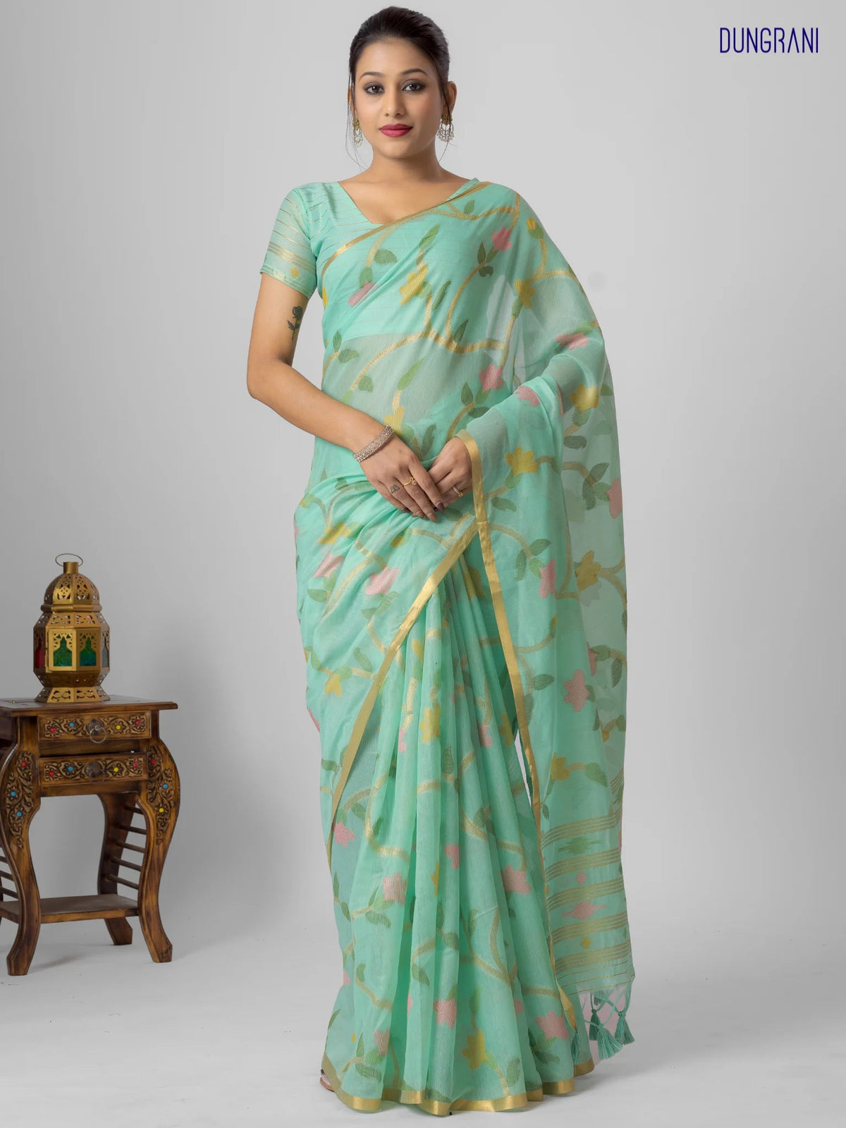 Shop Light Rama Green Leaf Motif Cotton Silk Jaal Saree | Dungrani