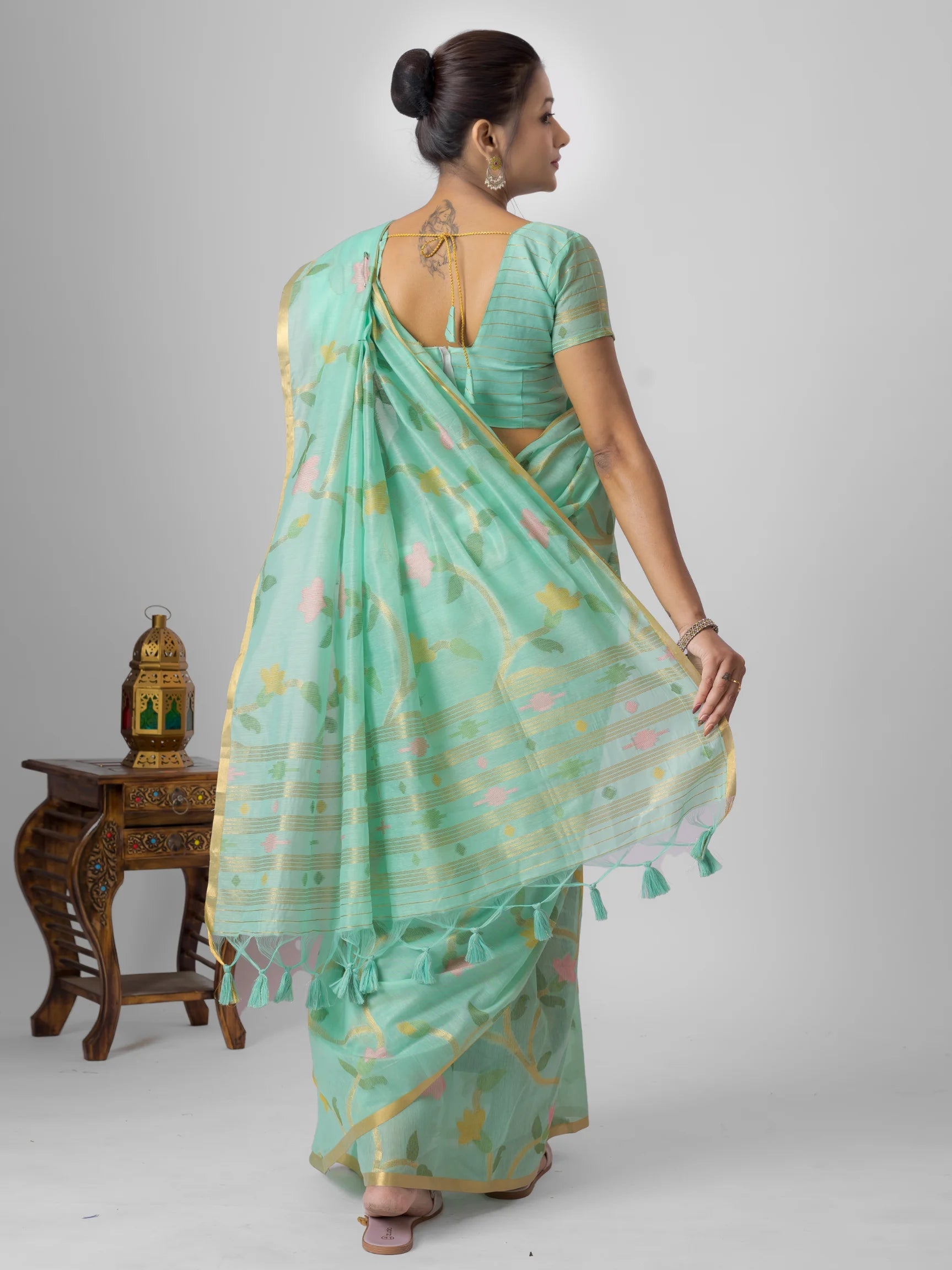 LIGHT RAMA GREEN MOTIF PRINT COTTON SILK JAAL SAREE