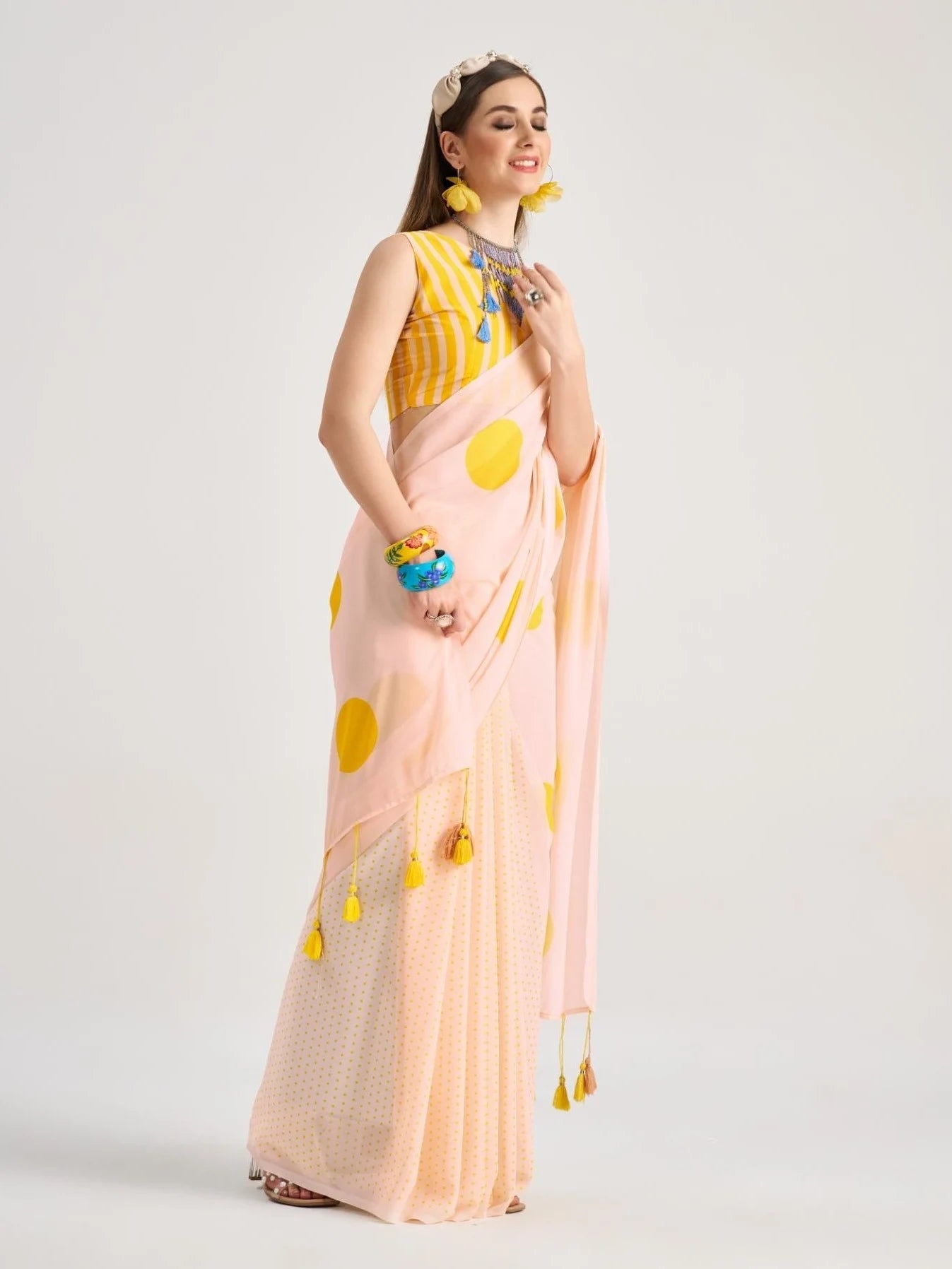 LIGHT YELLOW GEORGETTE POLKA POPS DIGITAL PRINTED SAREE
