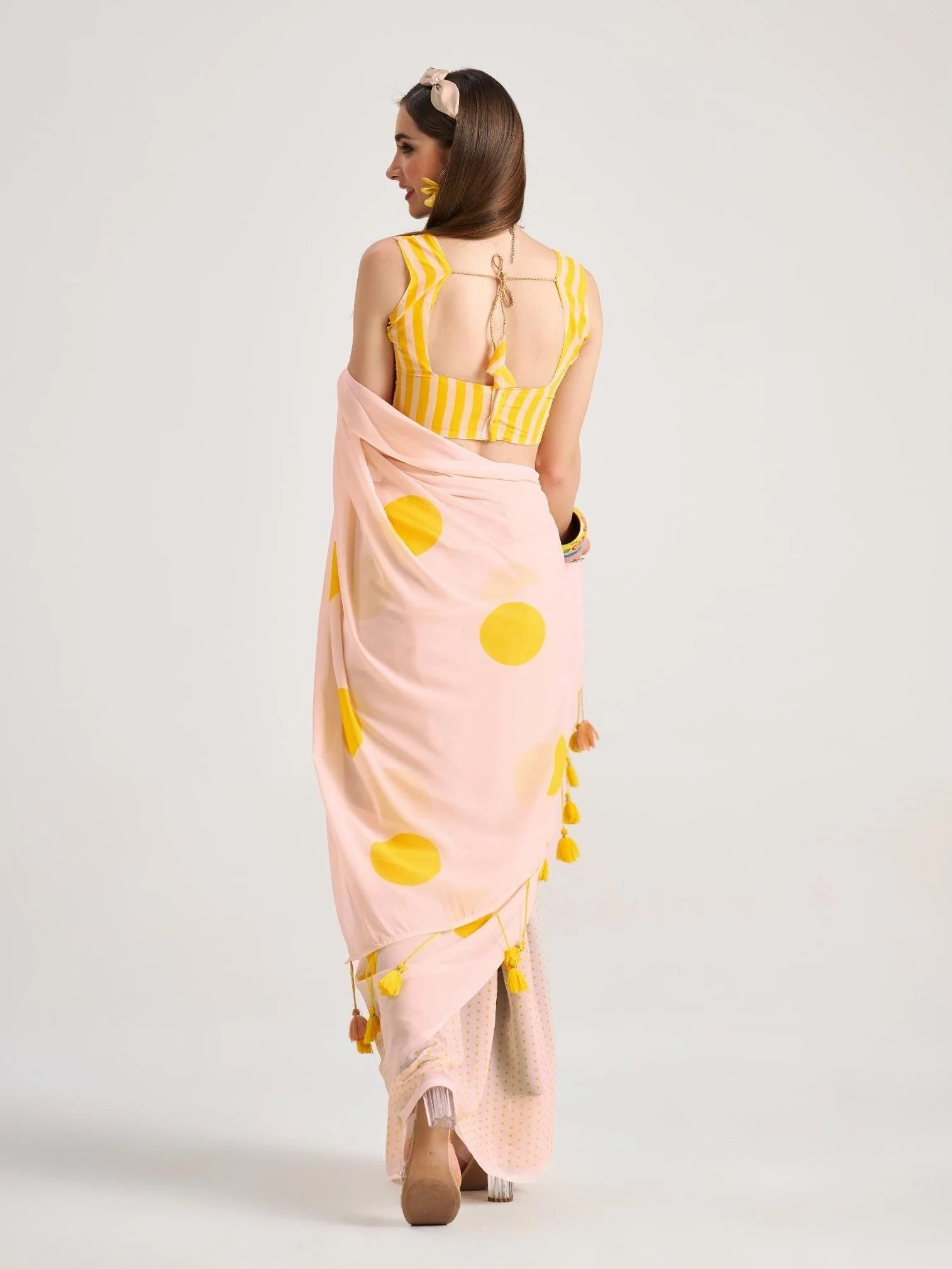 LIGHT YELLOW GEORGETTE POLKA POPS DIGITAL PRINTED SAREE