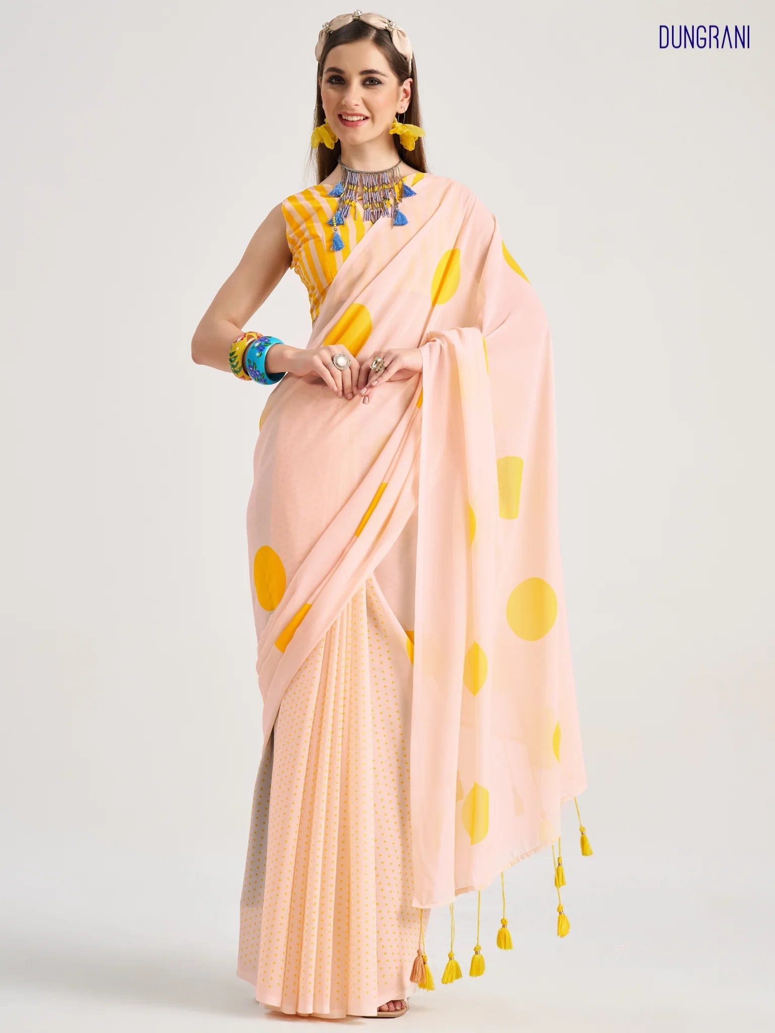 LIGHT YELLOW GEORGETTE POLKA POPS DIGITAL PRINTED SAREE