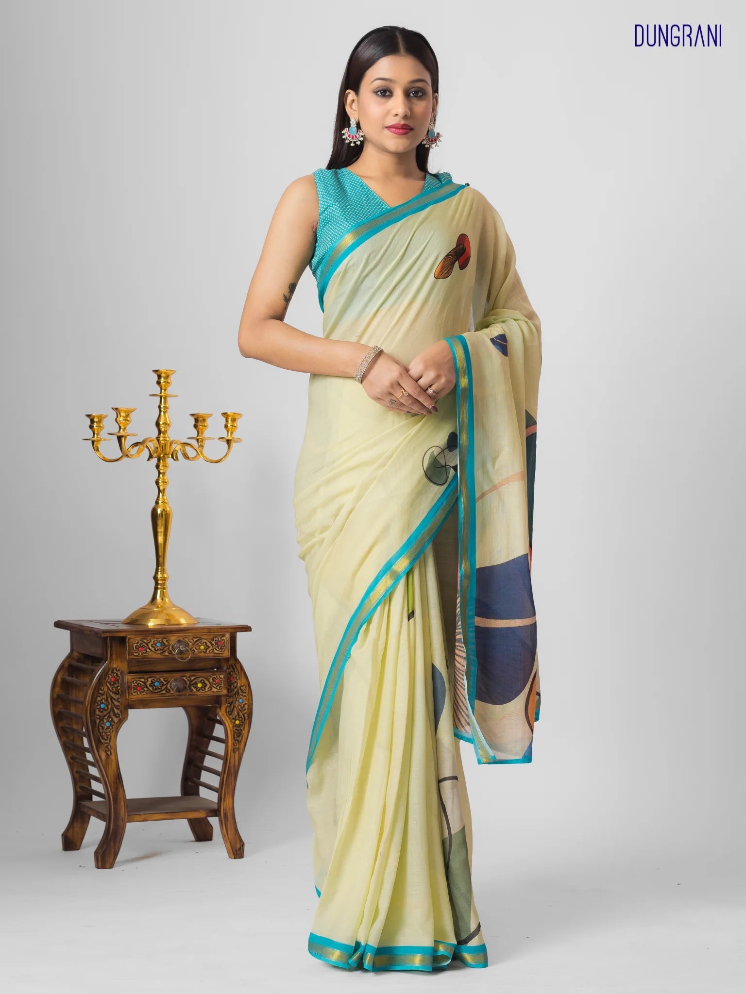 LIGHT YELLOW MULMUL COTTON LIVA DIGITAL PRINTED SAREE