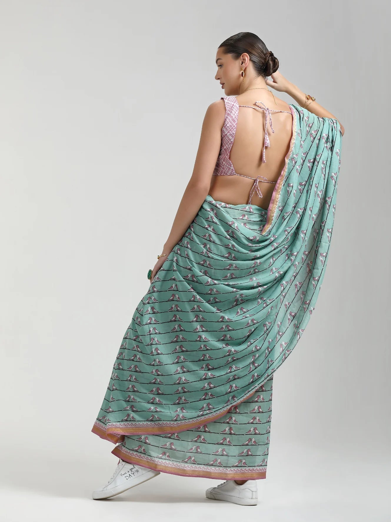 LILAC & RAMA GREEN MODAL MUL CONTEMPORARY PRINTED LIVA SAREE