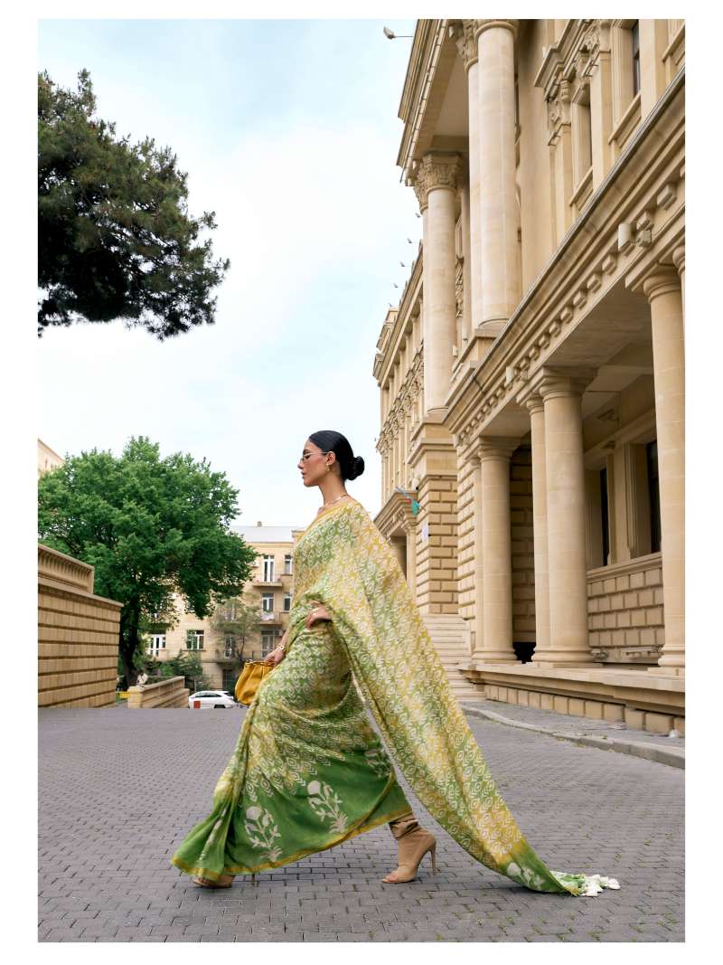 LIME GREEN VISCOSE MUL BATIK PRINTED SAREE