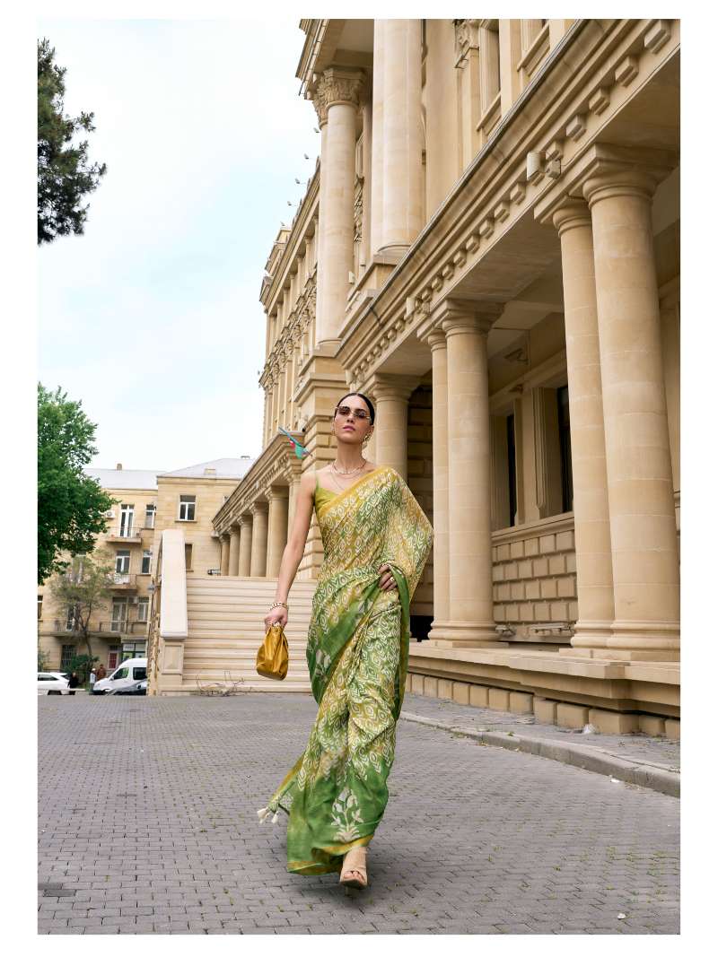 LIME GREEN VISCOSE MUL BATIK PRINTED SAREE