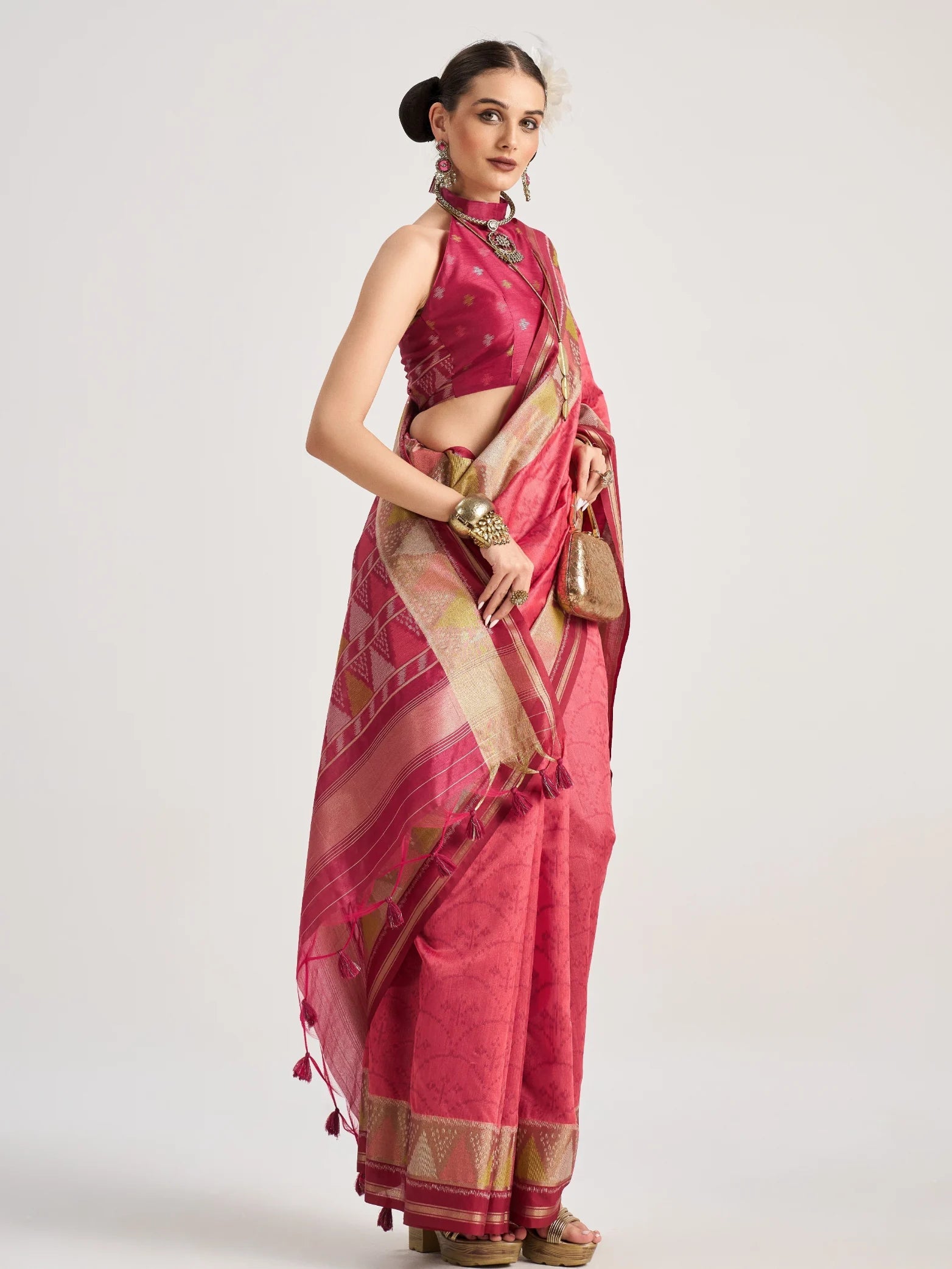 MAGENTA PINK TRIANGLE ART SILK SAREE