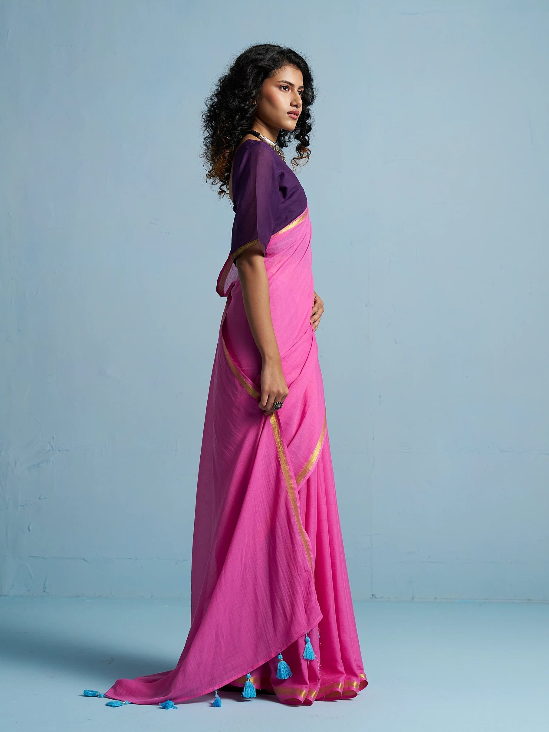 MAGENTA PINK MULMUL COTTON LIVA SOLID SAREE