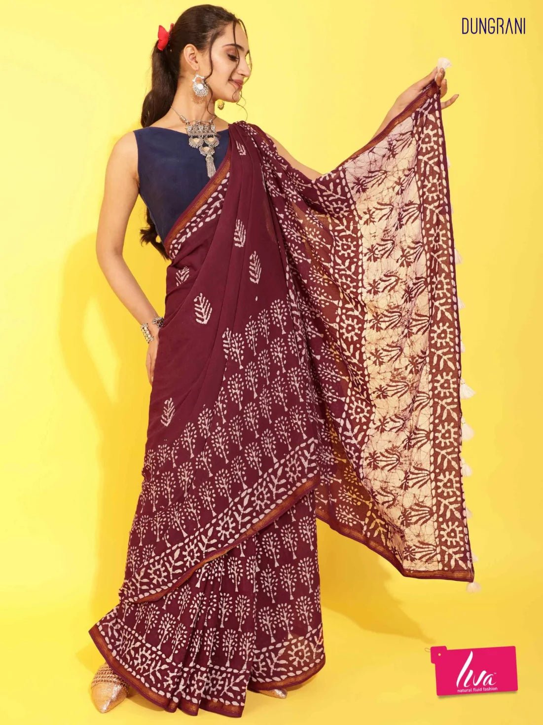 MAROON VISCOSE MUL LIVA BATIK PRINTED SAREE
