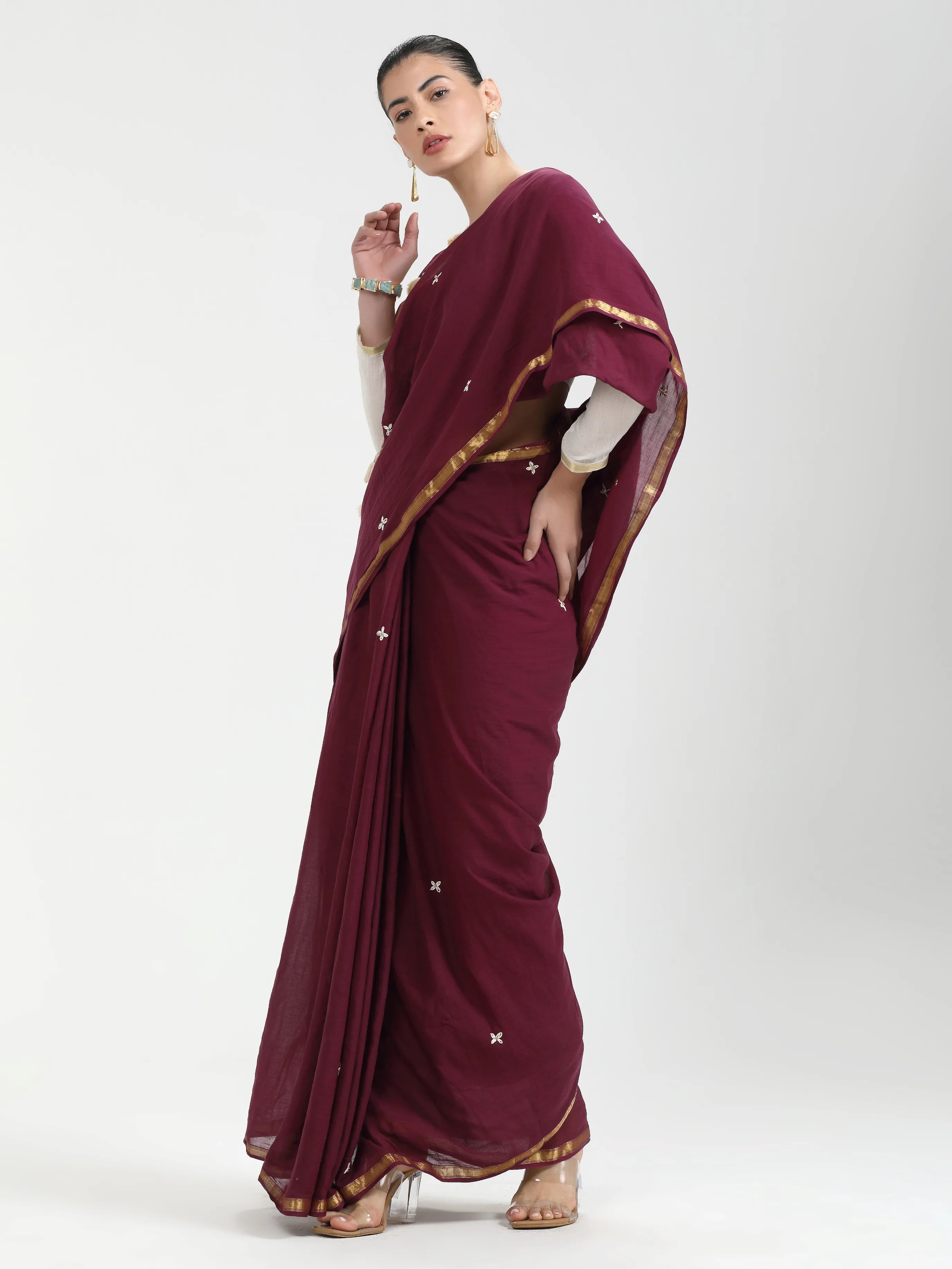 MAROON VISCOSE MUL LIVA THREAD WORK SAREES