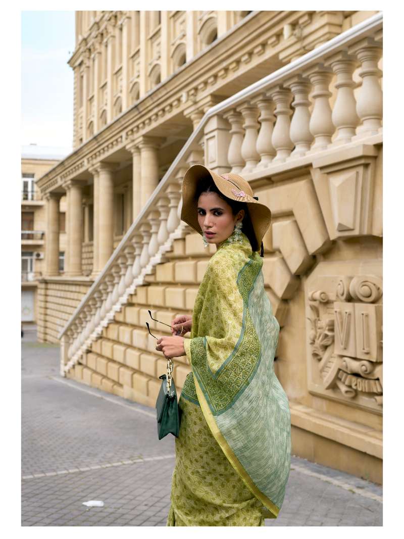 MEHNDI GREEN MULMUL COTTON LIVA BLOCK PRINTED SAREE