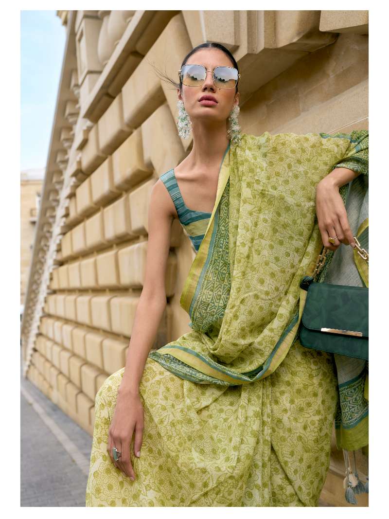 MEHNDI GREEN MULMUL COTTON LIVA BLOCK PRINTED SAREE
