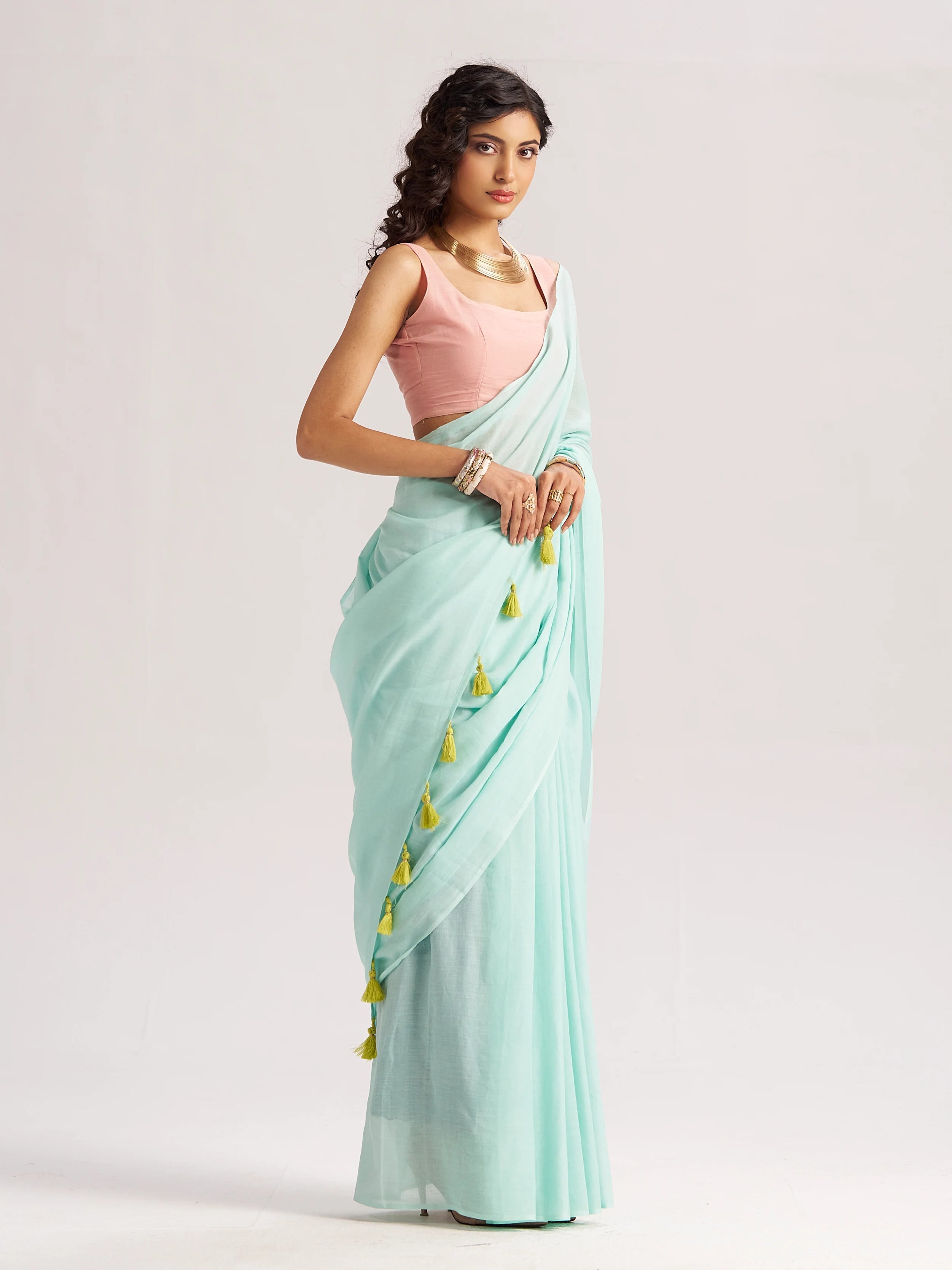 MINT GREEN VISCOSE MUL LIVA SOLID SAREE