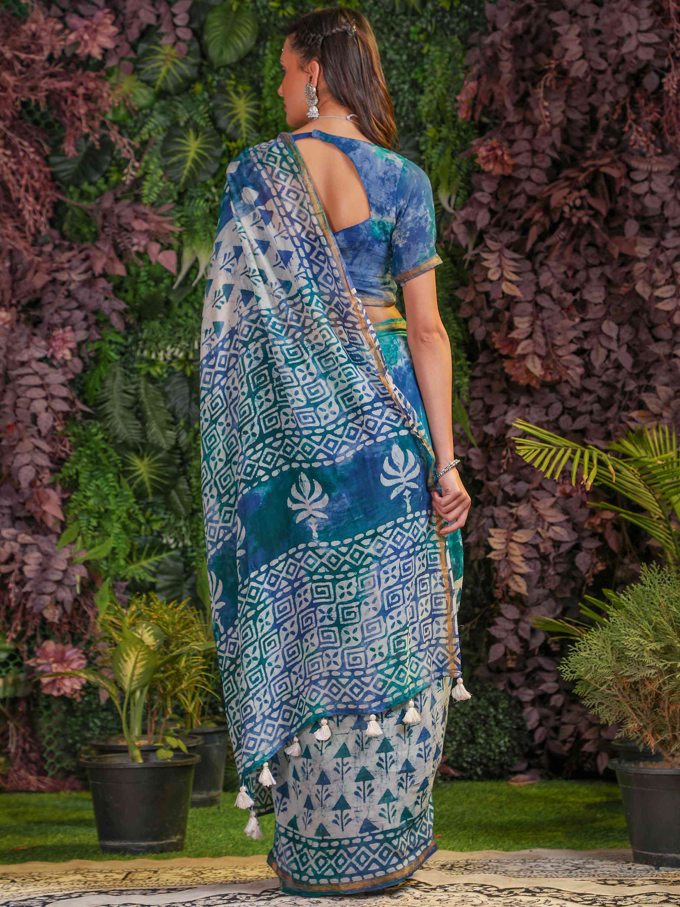 MIX BLUE MULMUL COTTON BATIK PRINTED SAREE