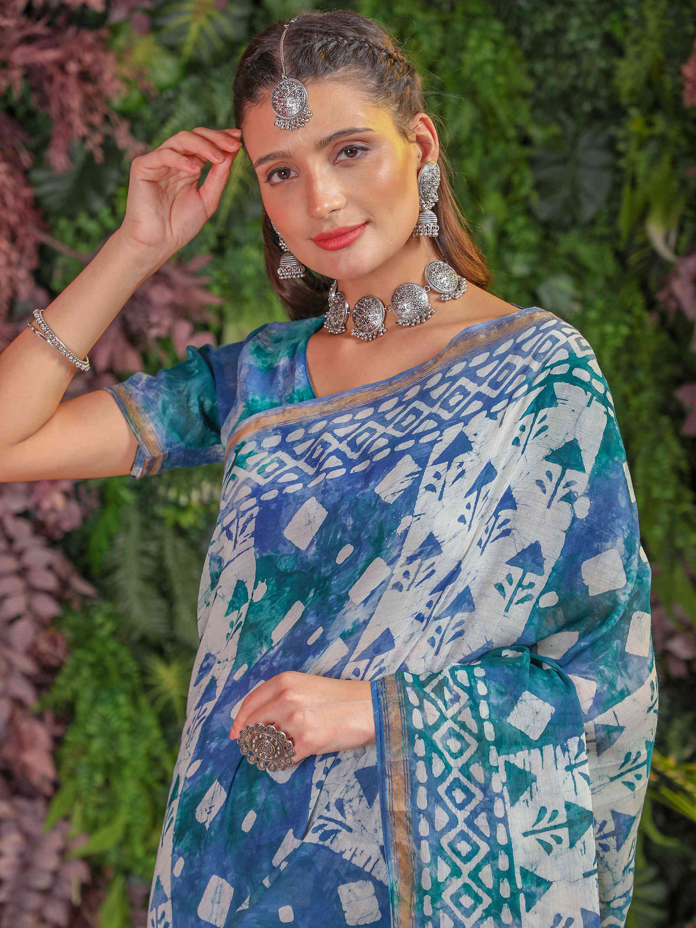MIX BLUE MULMUL COTTON BATIK PRINTED SAREE