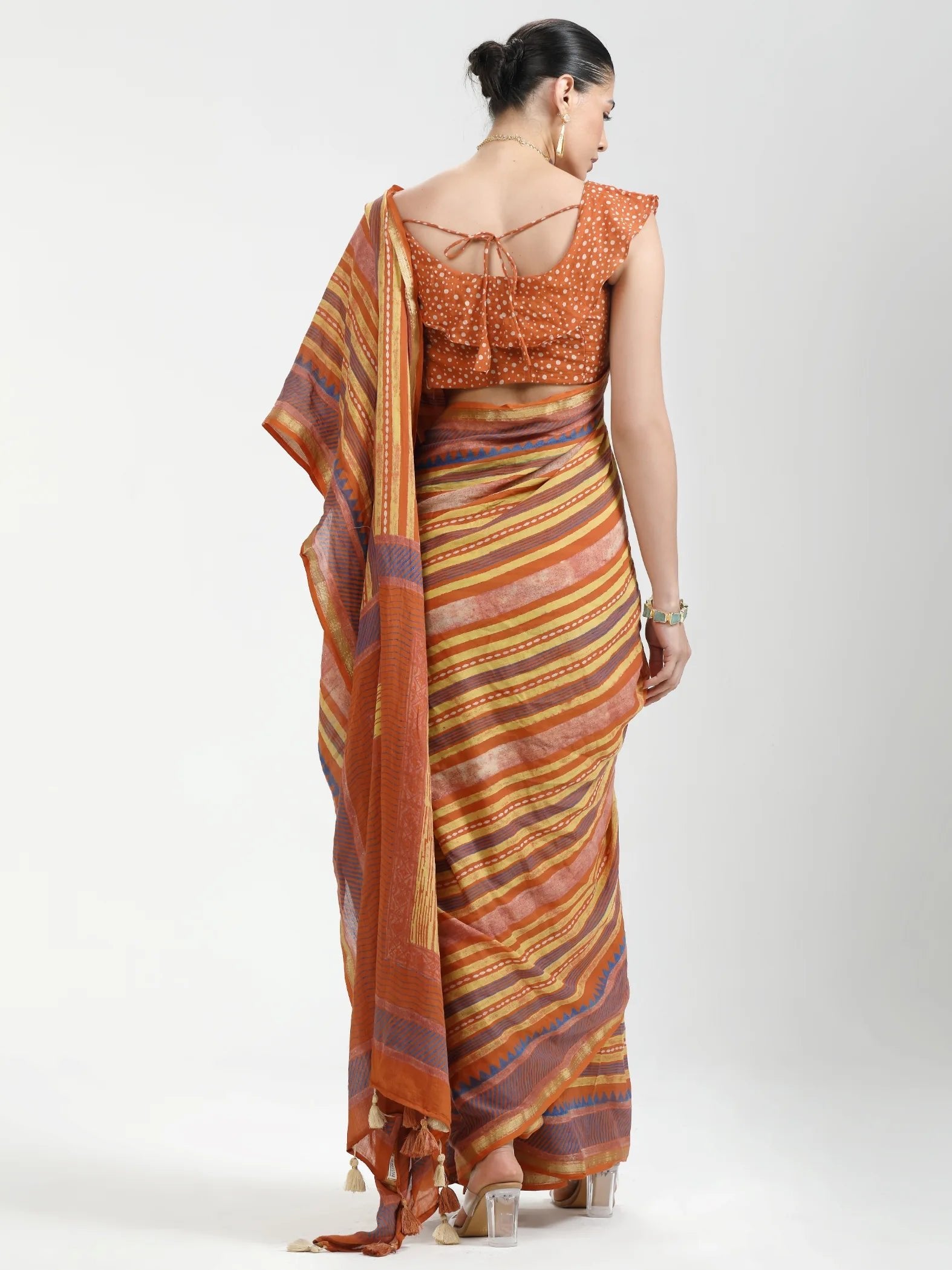 MUSTARD ORANGE MULMUL COTTON BLOCK PRINTED SAREE