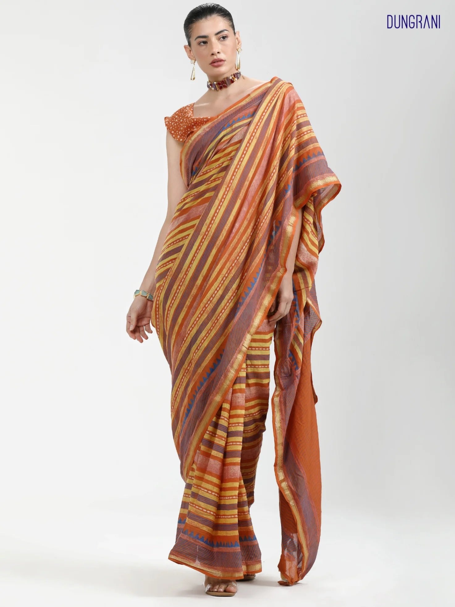 MUSTARD ORANGE MULMUL COTTON BLOCK PRINTED SAREE