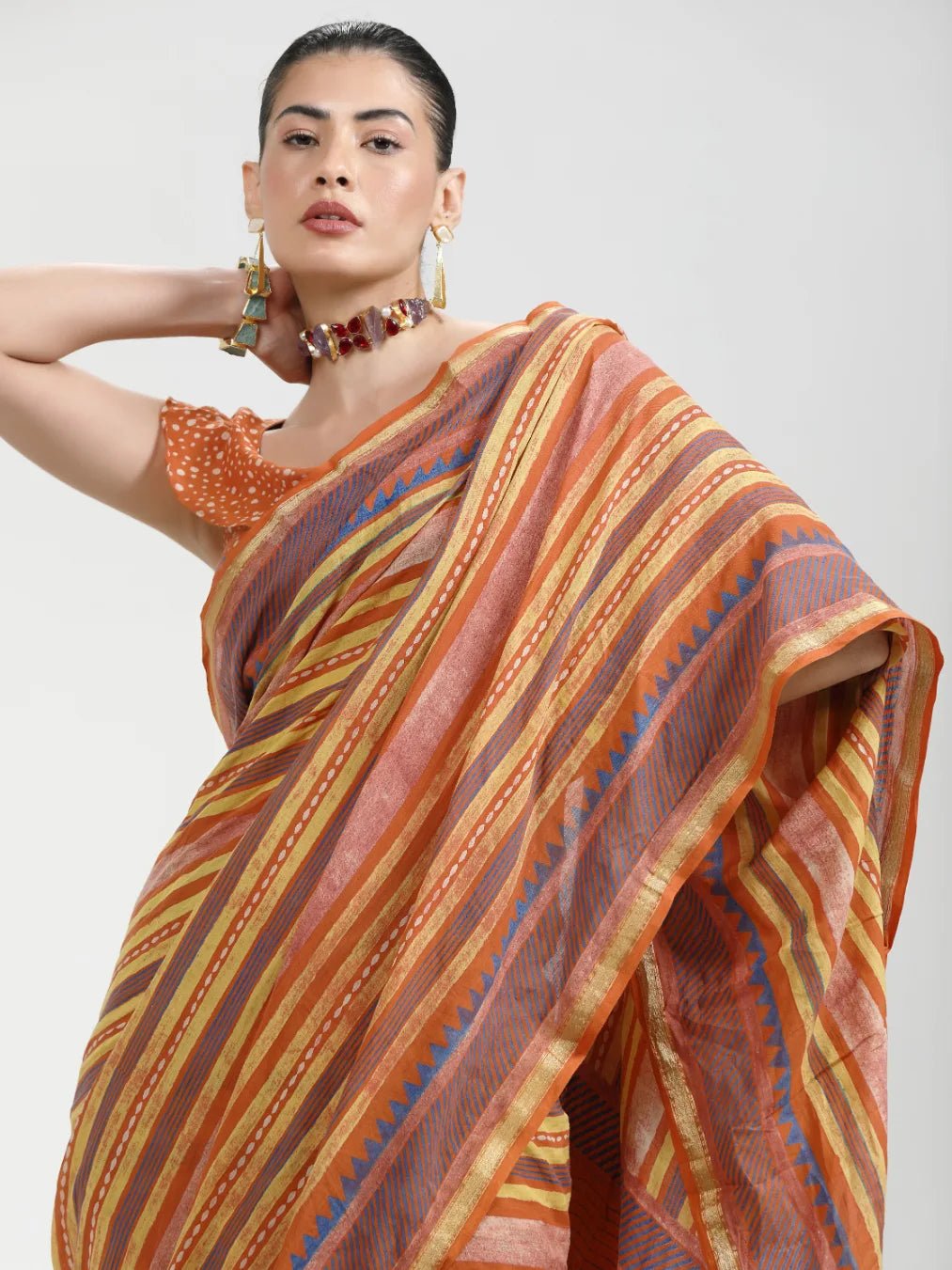 MUSTARD ORANGE MULMUL COTTON BLOCK PRINTED SAREE