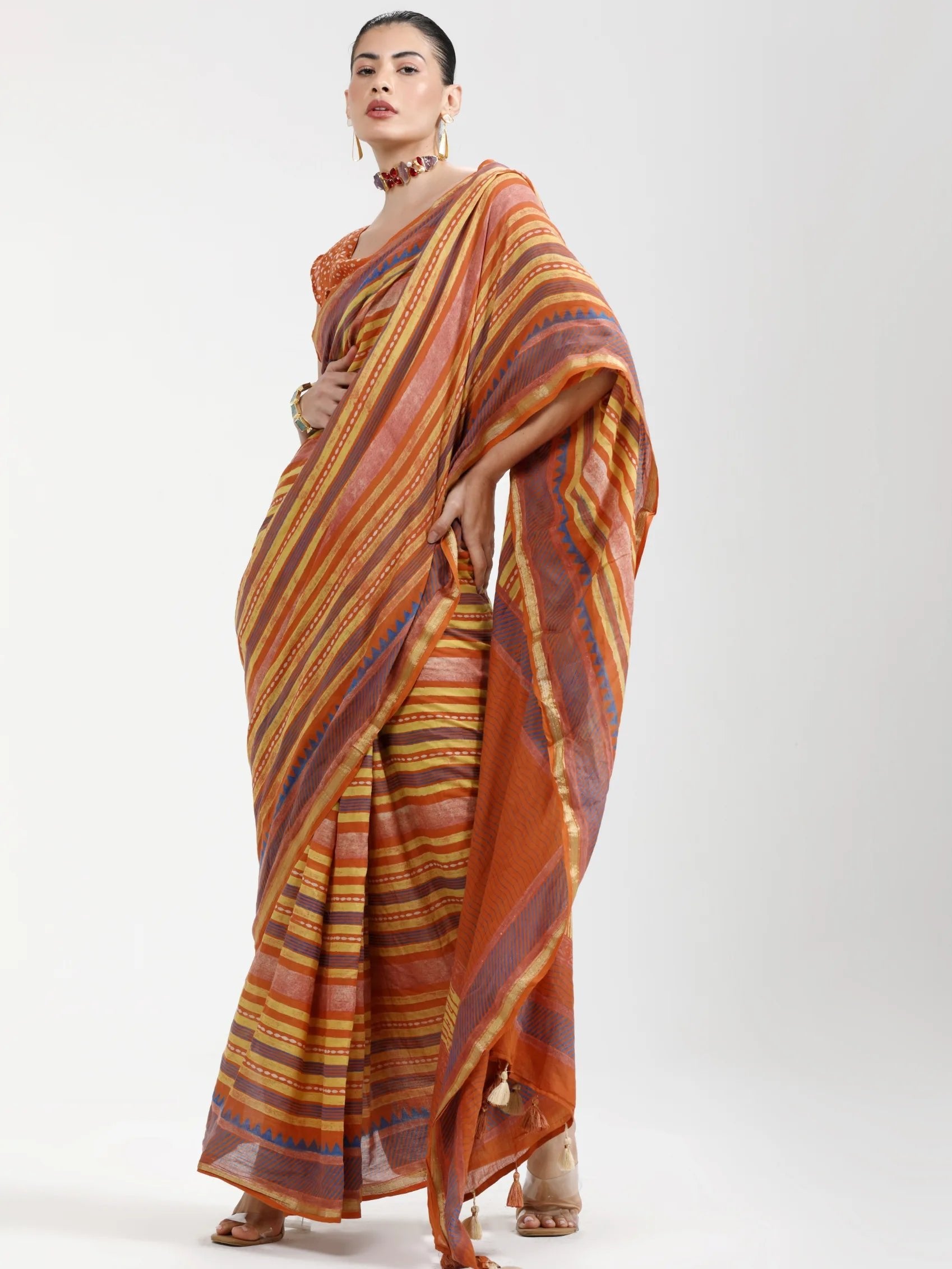 MUSTARD ORANGE MULMUL COTTON BLOCK PRINTED SAREE