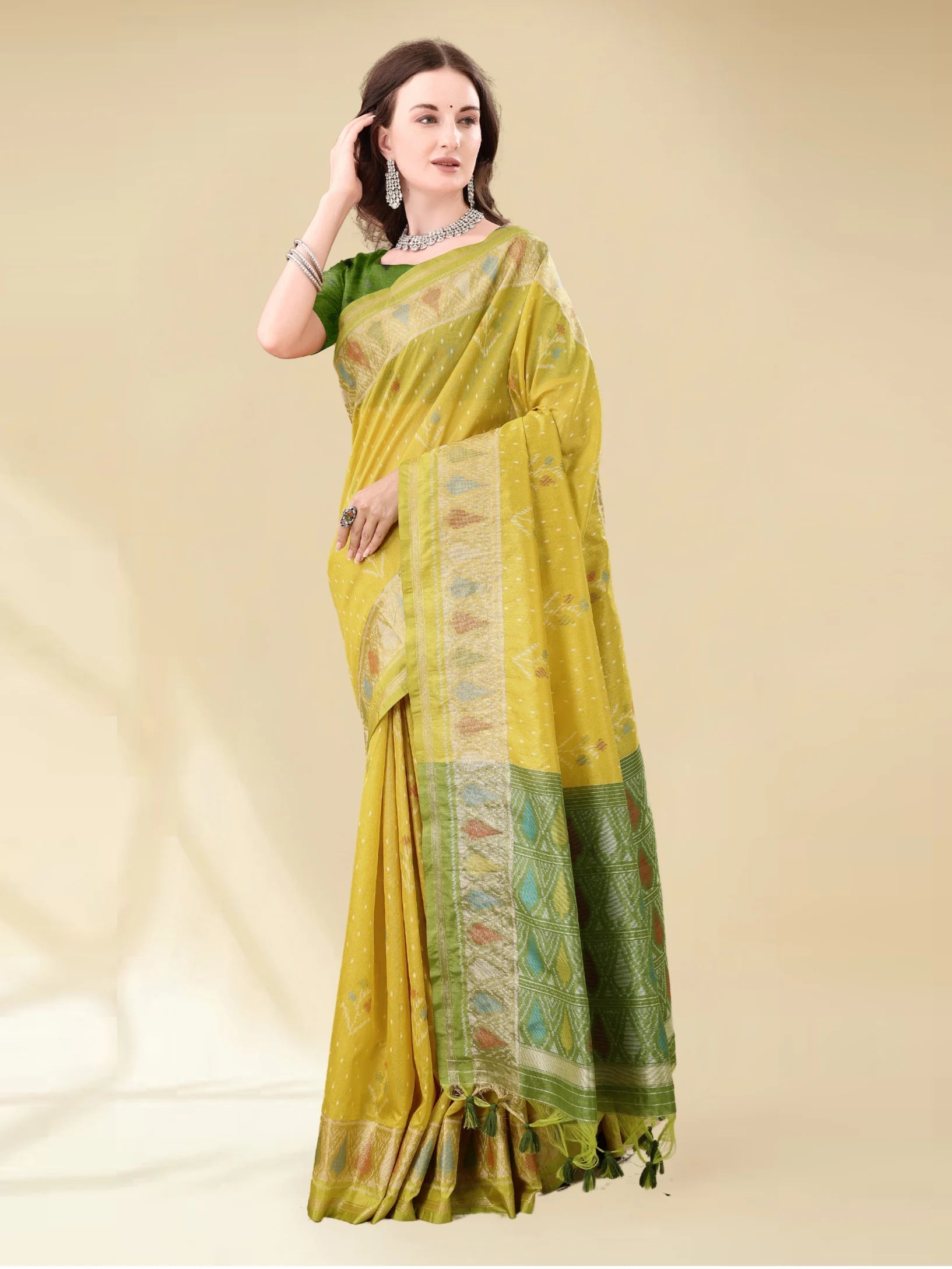 MUSTARD YELLOW HANDWOVEN LEAF ART SILK SAREE