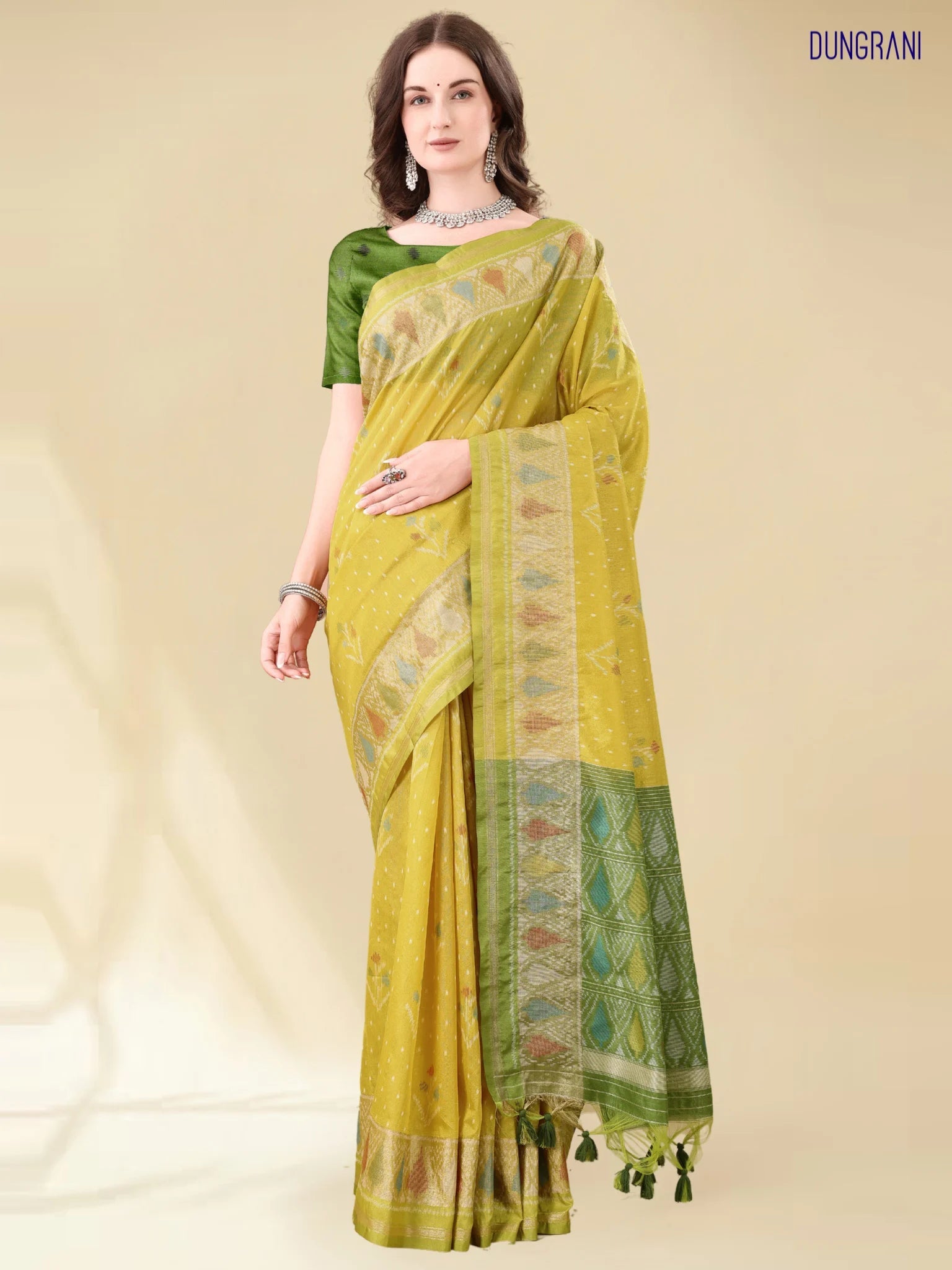 MUSTARD YELLOW HANDWOVEN LEAF ART SILK SAREE