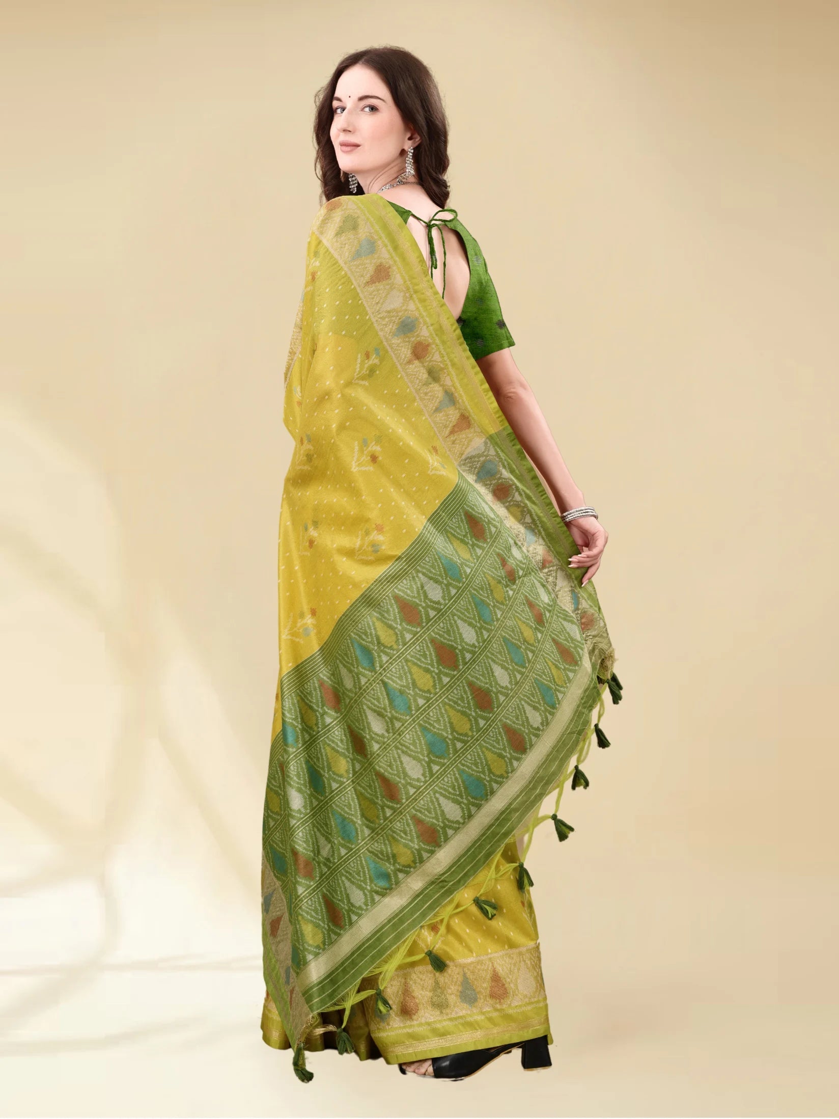 MUSTARD YELLOW HANDWOVEN LEAF ART SILK SAREE