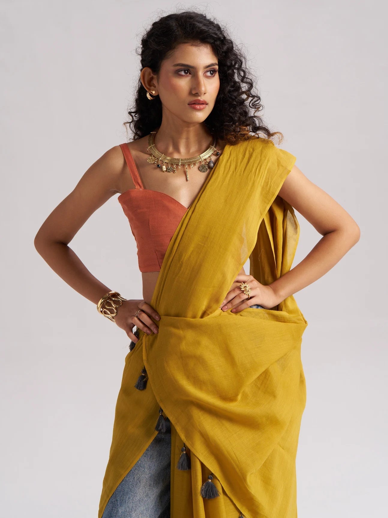 MUSTARD YELLOW VISCOSE MUL LIVA SOLID SAREE