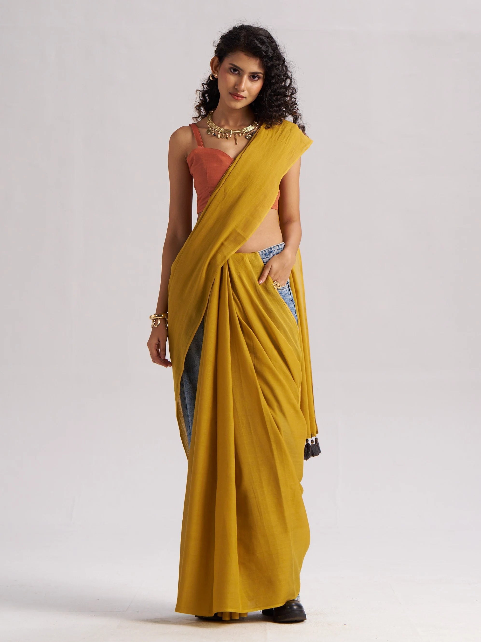 MUSTARD YELLOW VISCOSE MUL LIVA SOLID SAREE