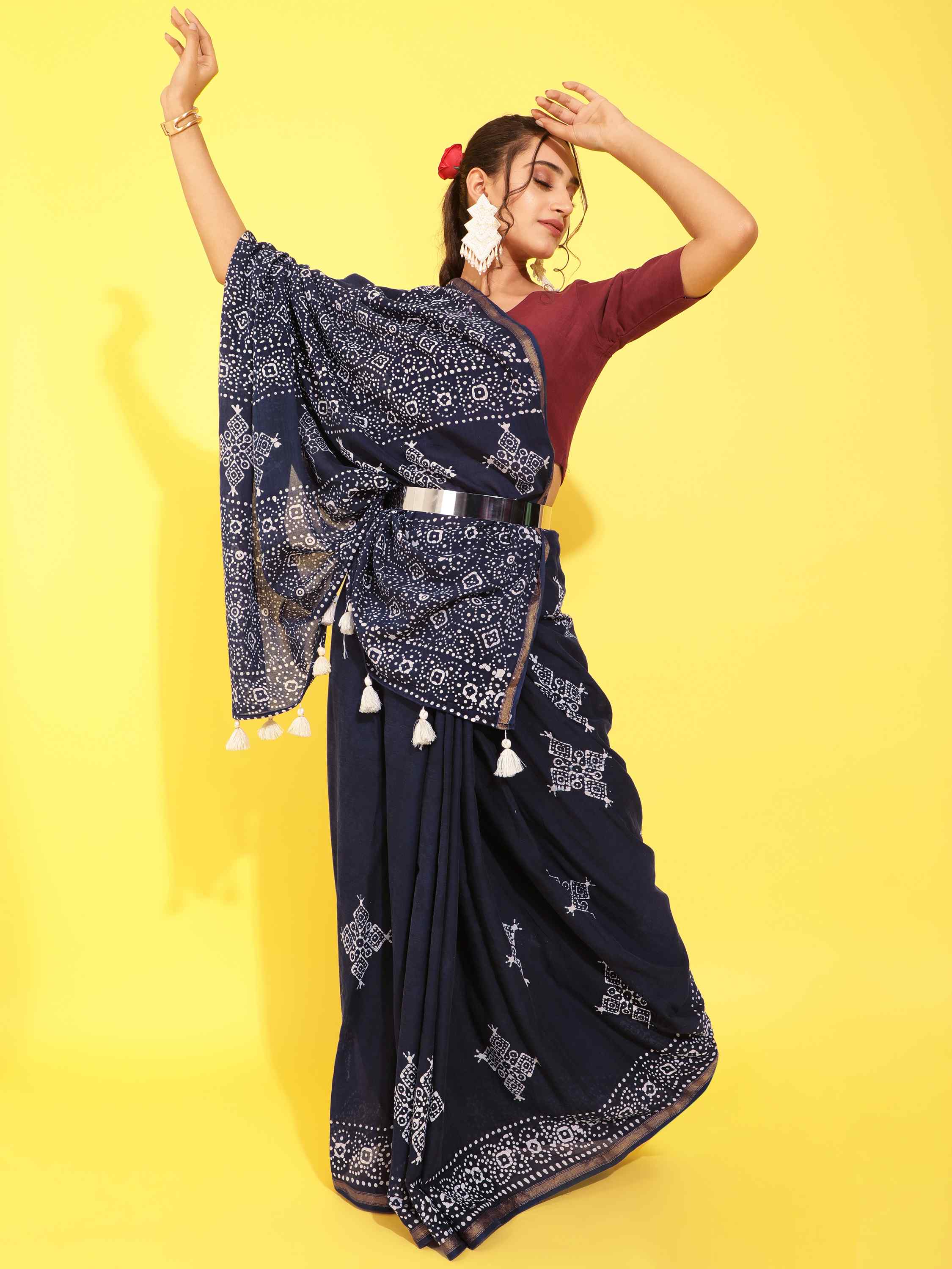 NAVY BLUE VISCOSE MUL BATIK PRINTED SAREE