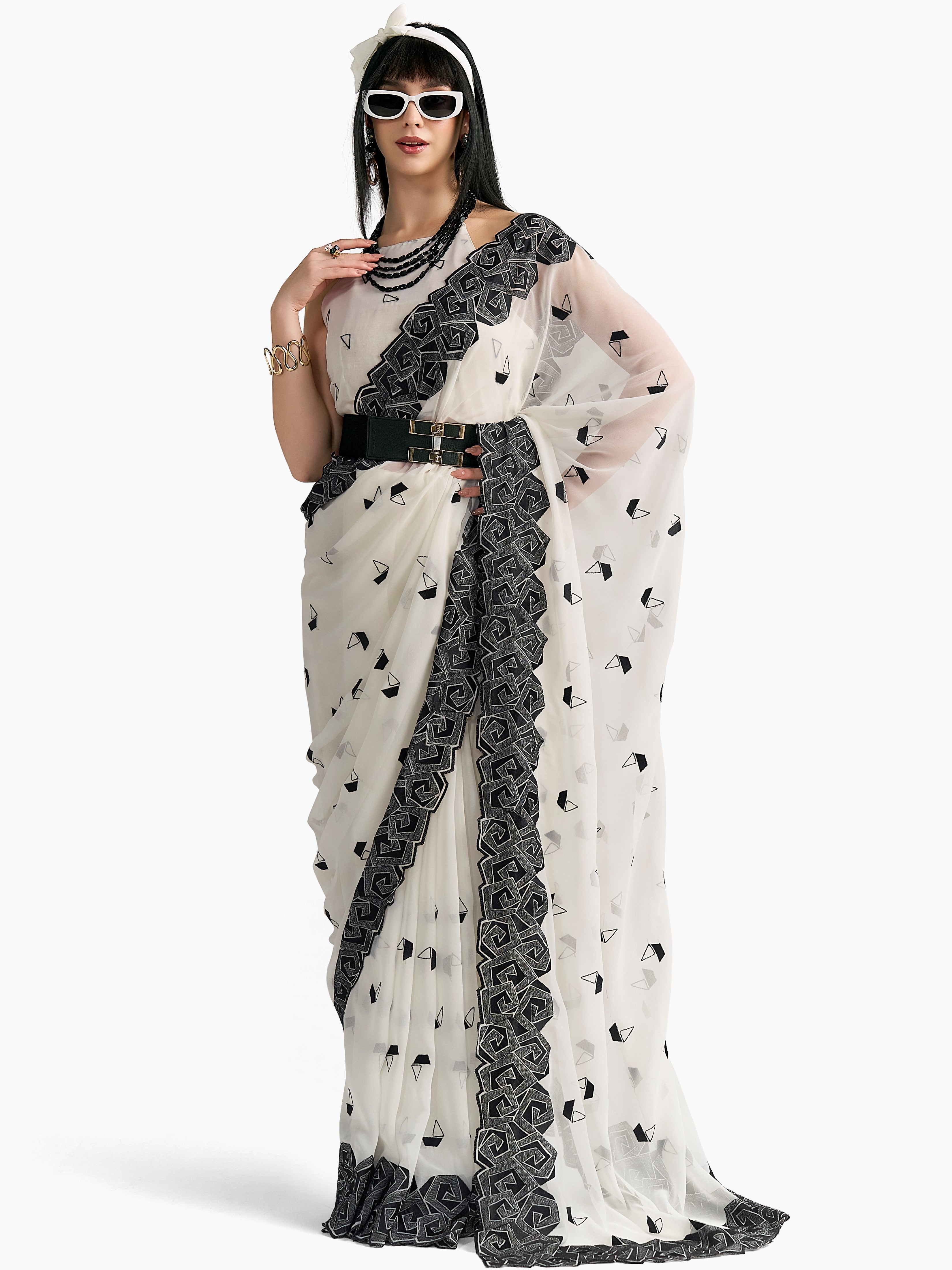 OFF WHITE GEORGETTE BOAT PRINTED EMBROIDERY SAREE