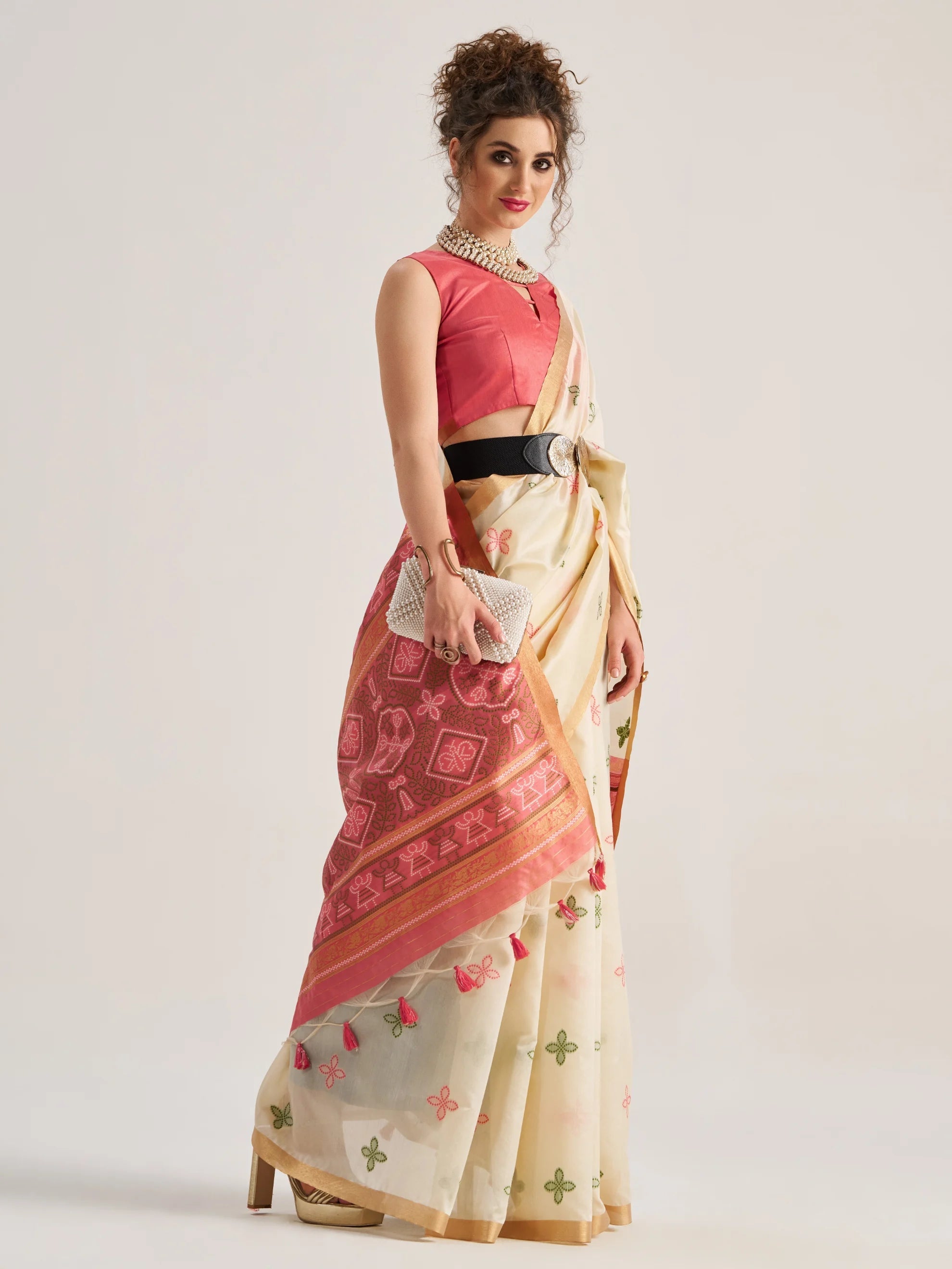 OFF WHITE HANDWOVEN BANDHEJ ART SILK SAREE