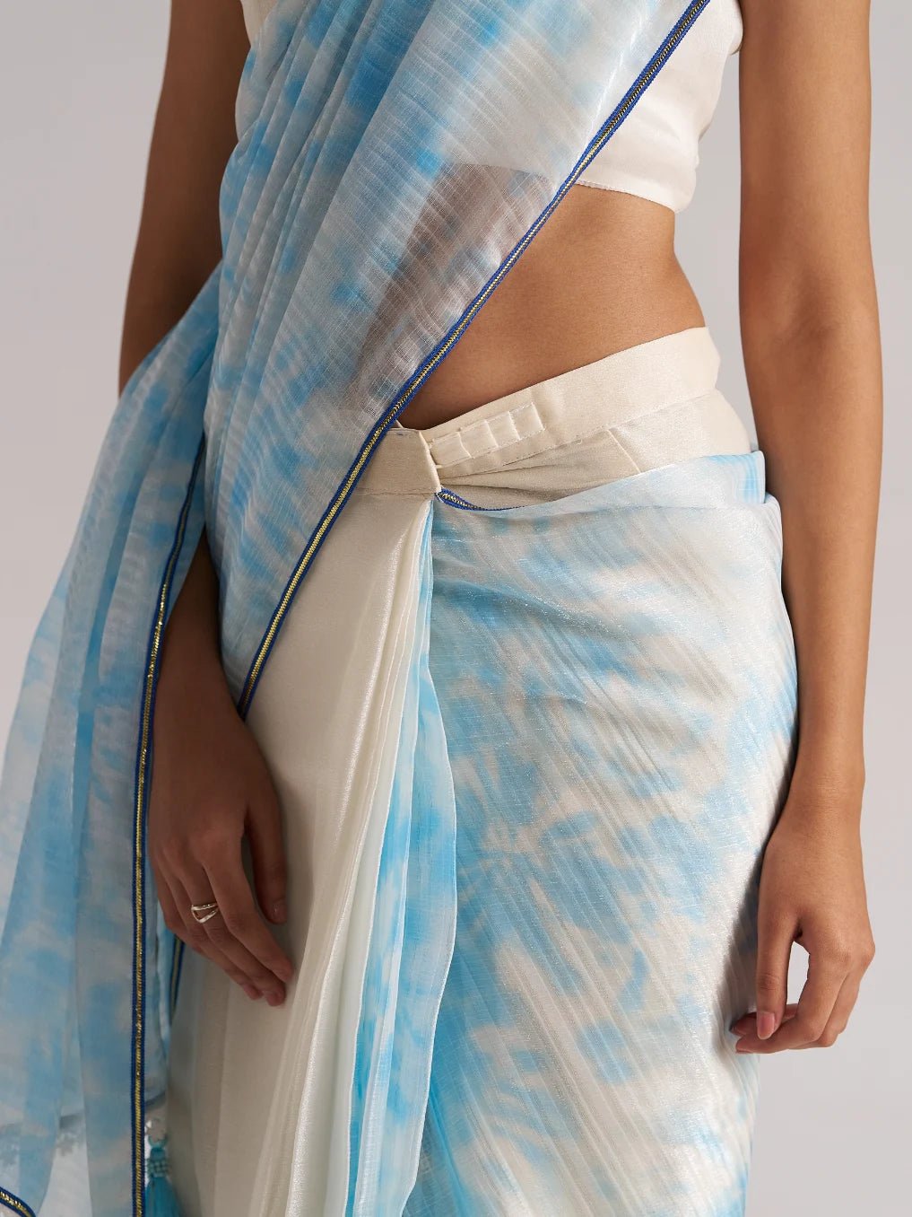 OFF WHITE & SKY SOFT ORGANZA READY TO WEAR SAREE