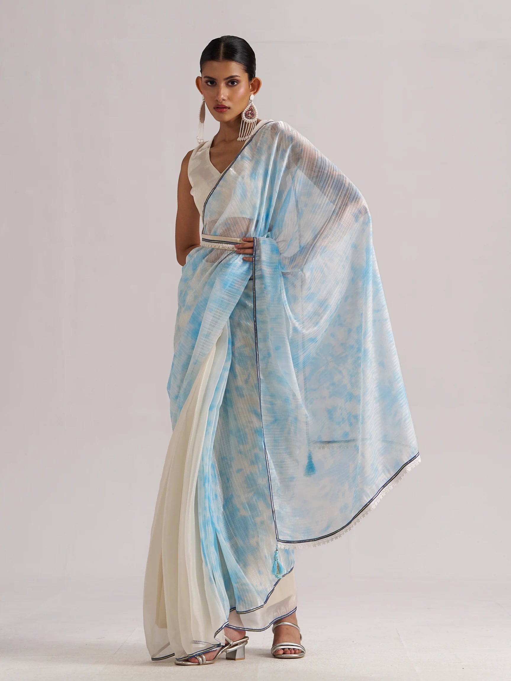 OFF WHITE & SKY SOFT ORGANZA READY TO WEAR SAREE