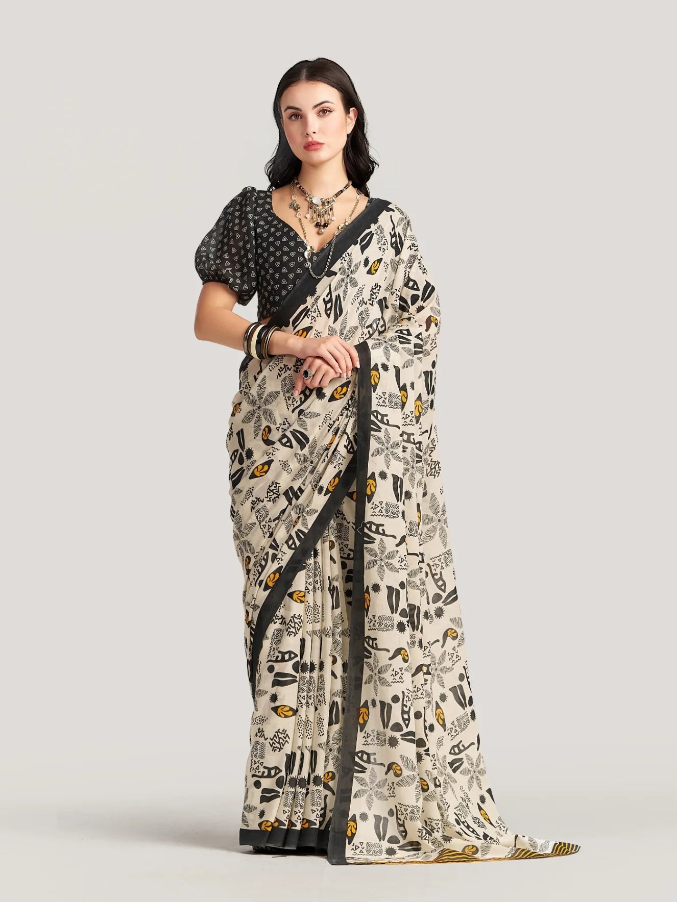 OFF WHITE VISCOSE MUL LIVA DIGITAL PRINTED SAREE