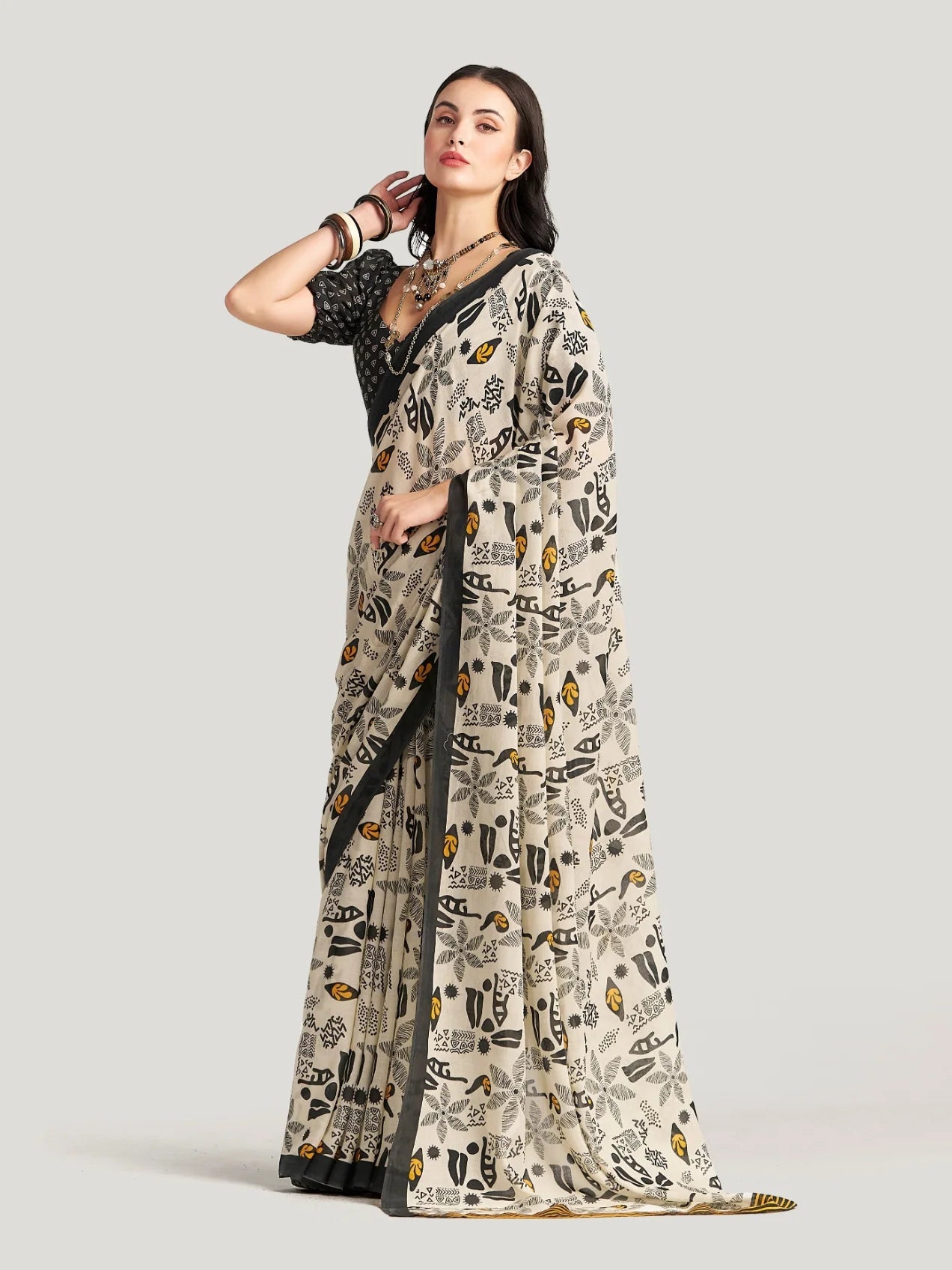 OFF WHITE VISCOSE MUL LIVA DIGITAL PRINTED SAREE