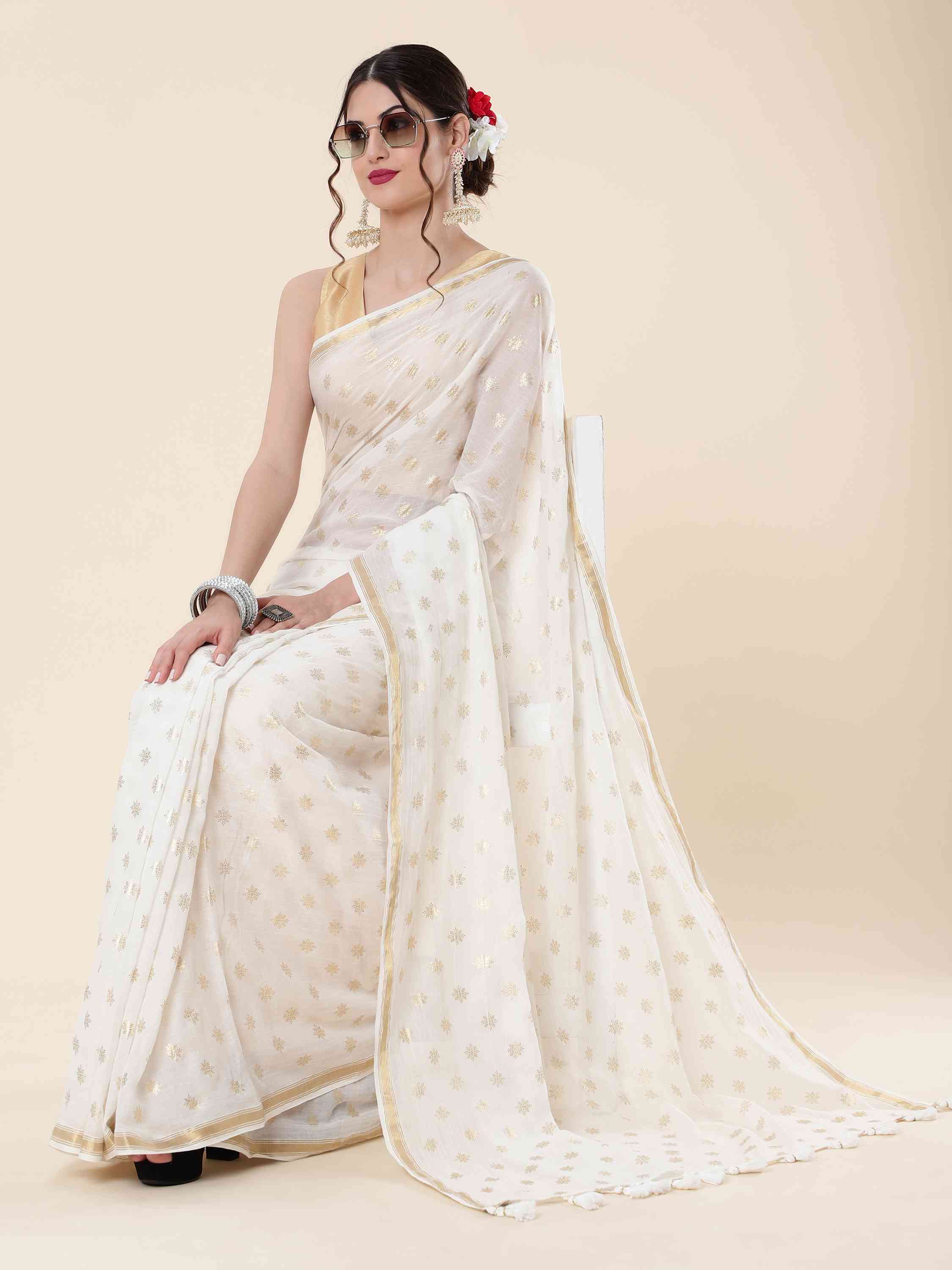 OFF-WHITE MULMUL COTTON POLKA DOTS LIVA SAREE