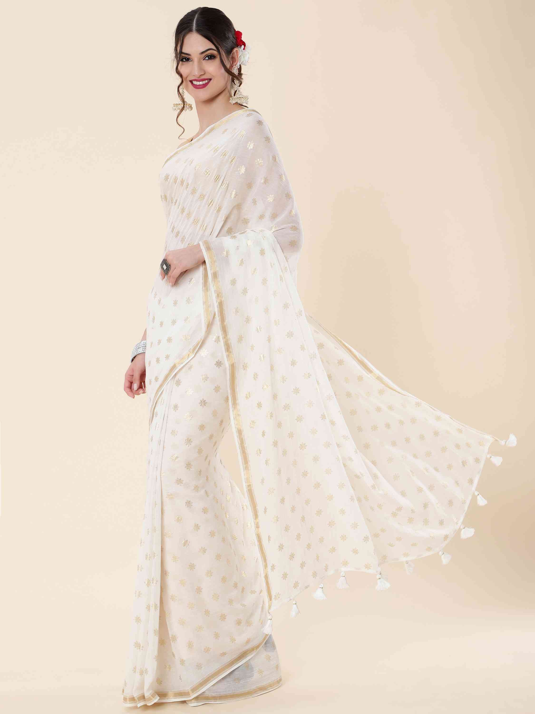 OFF-WHITE MULMUL COTTON POLKA DOTS LIVA SAREE