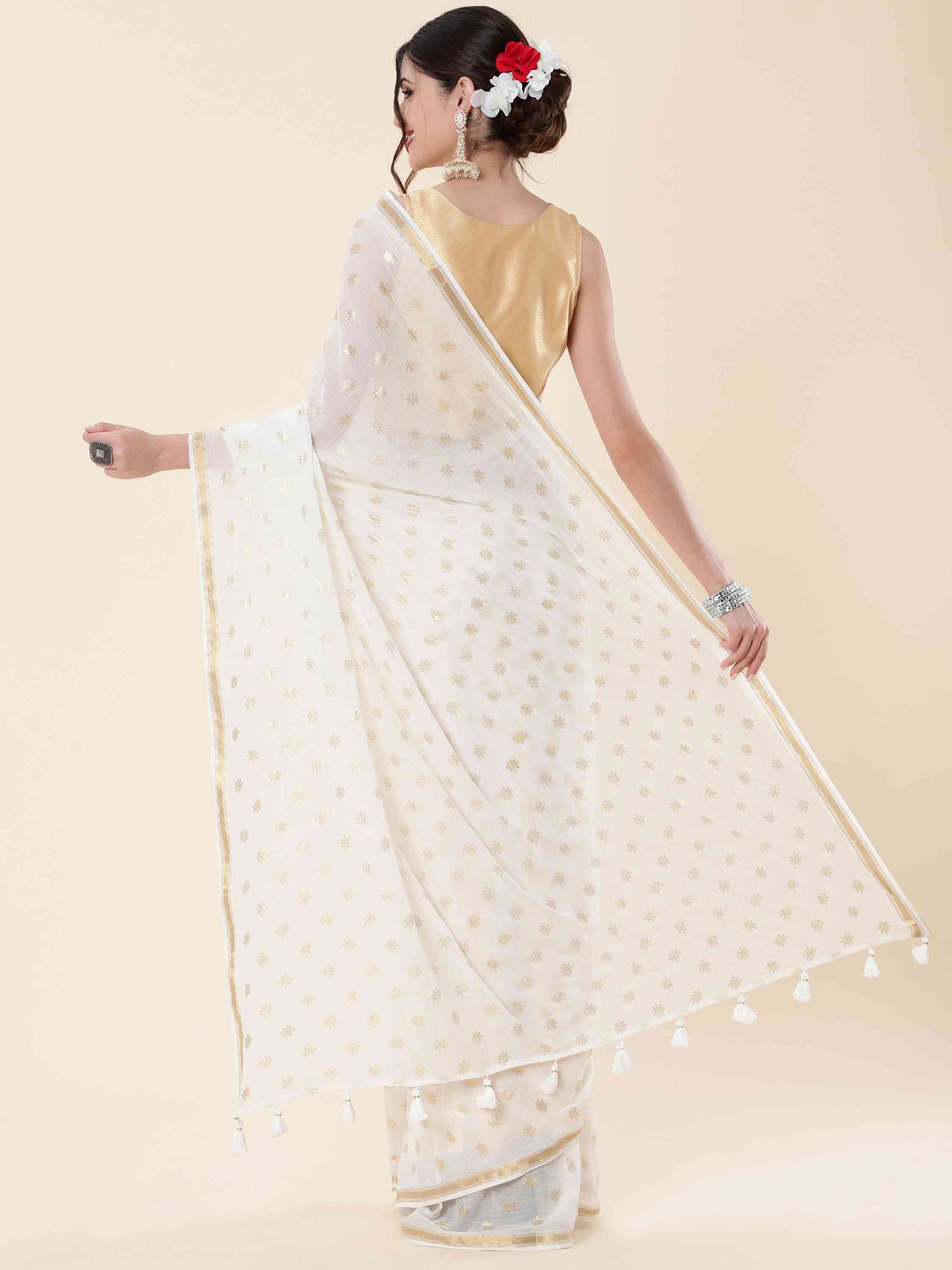 OFF-WHITE MULMUL COTTON POLKA DOTS LIVA SAREE