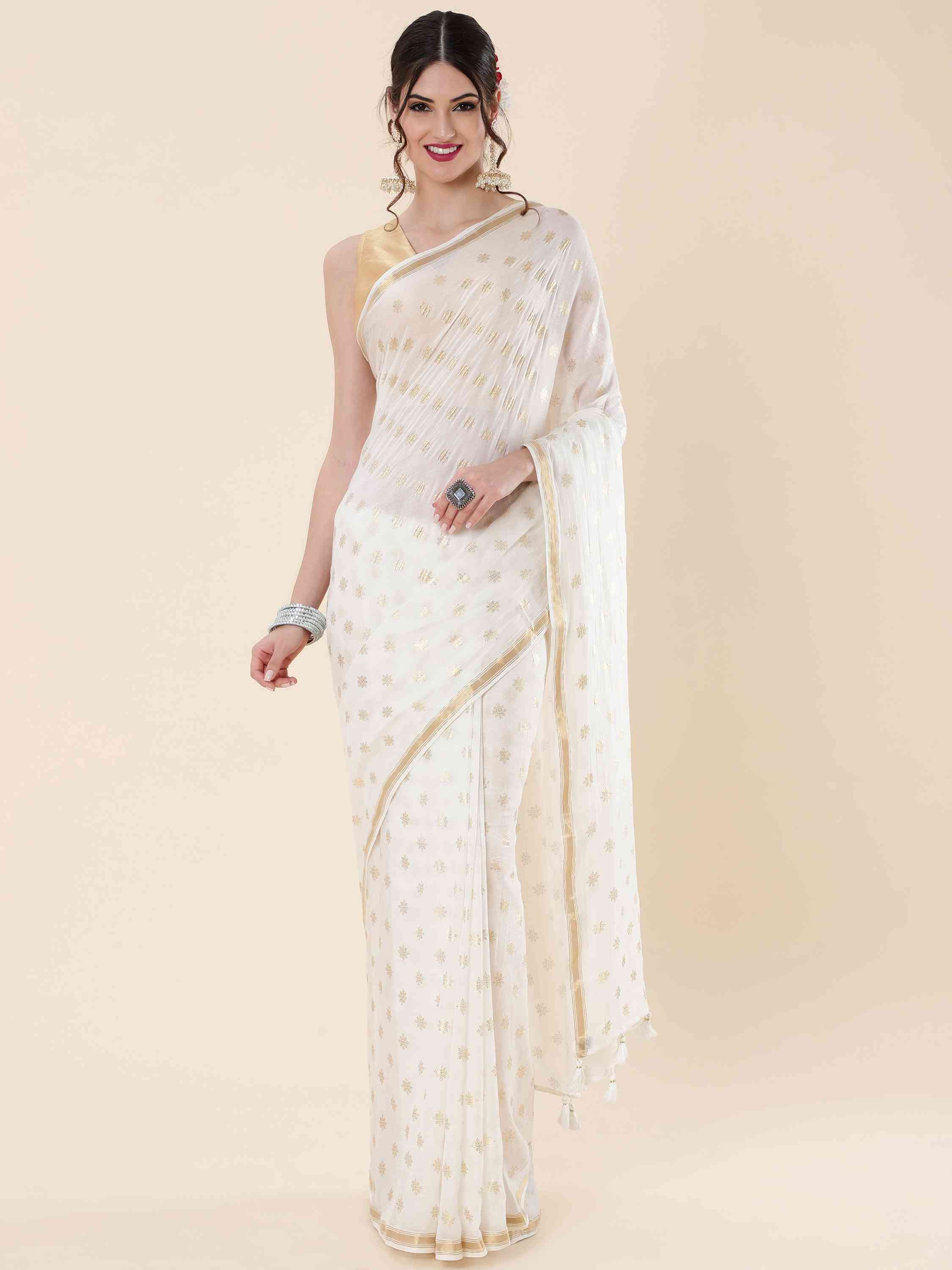 OFF-WHITE MULMUL COTTON POLKA DOTS LIVA SAREE