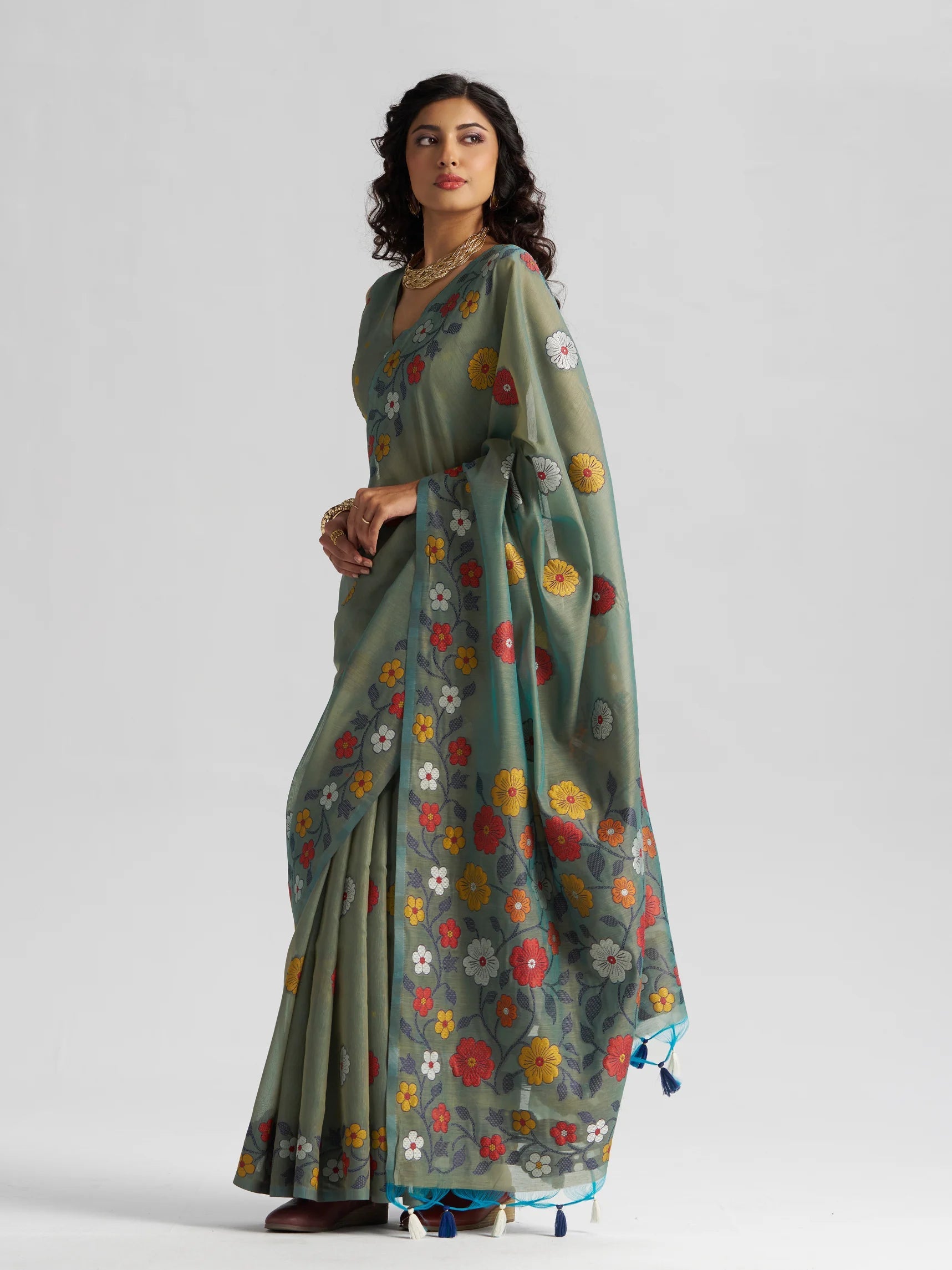 OLIVE GREEN COTTON SILK GARDENIA SAREE