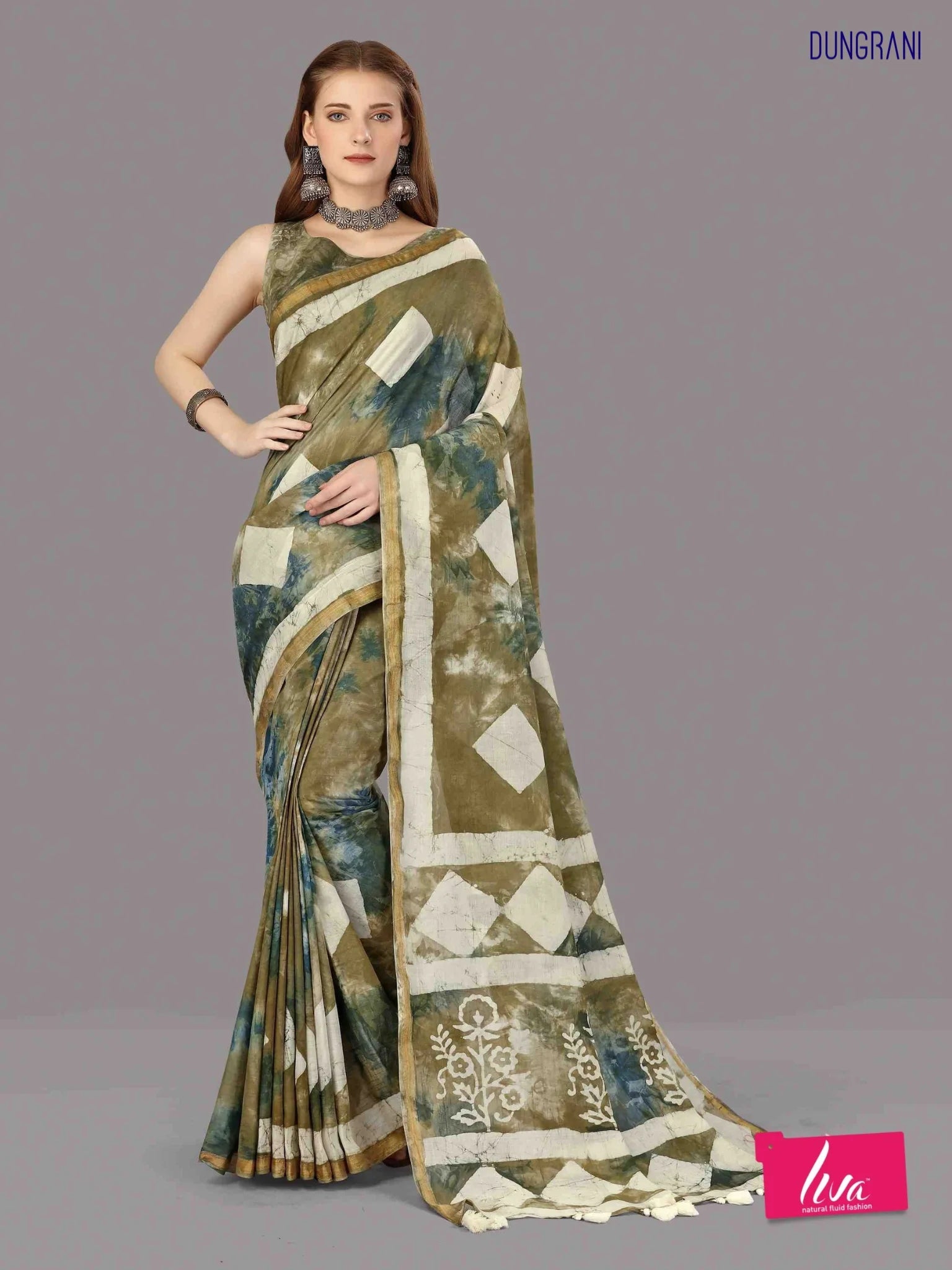 OLIVE GREEN VISCOSE MUL BATIK PRINTED SAREE