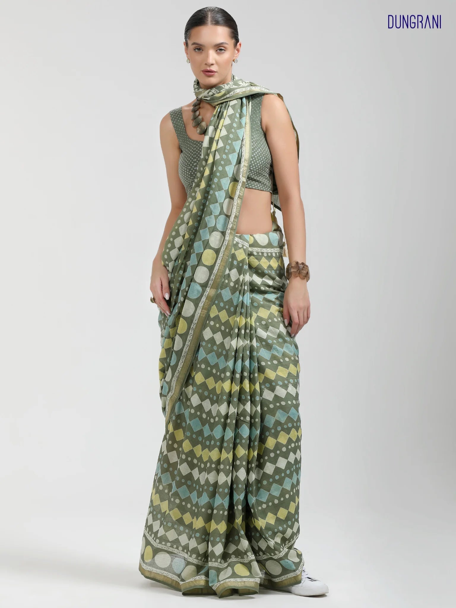 OLIVE GREEN VISCOSE MUL BLOCK PRINTED SAREE