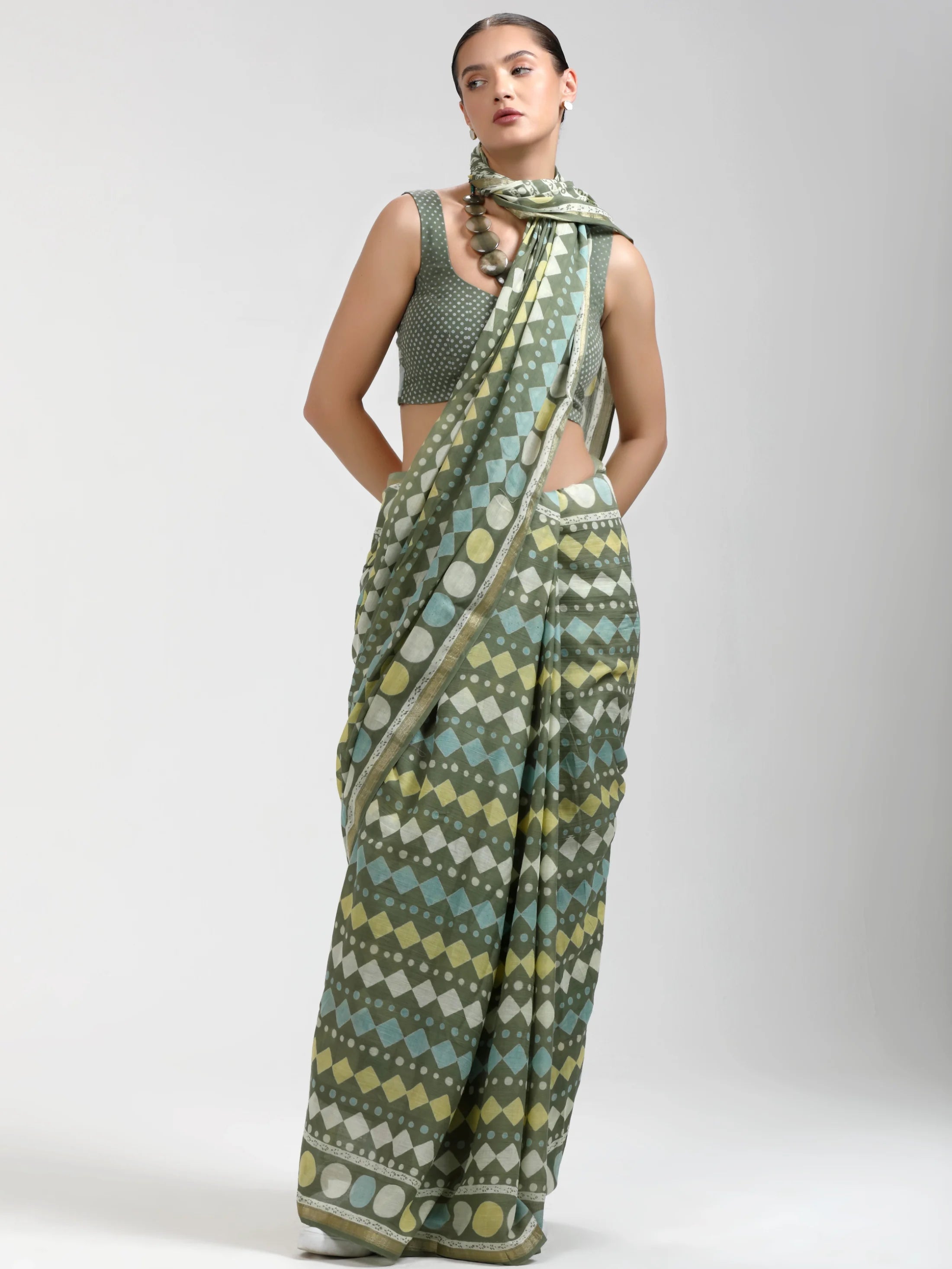 OLIVE GREEN VISCOSE MUL BLOCK PRINTED SAREE