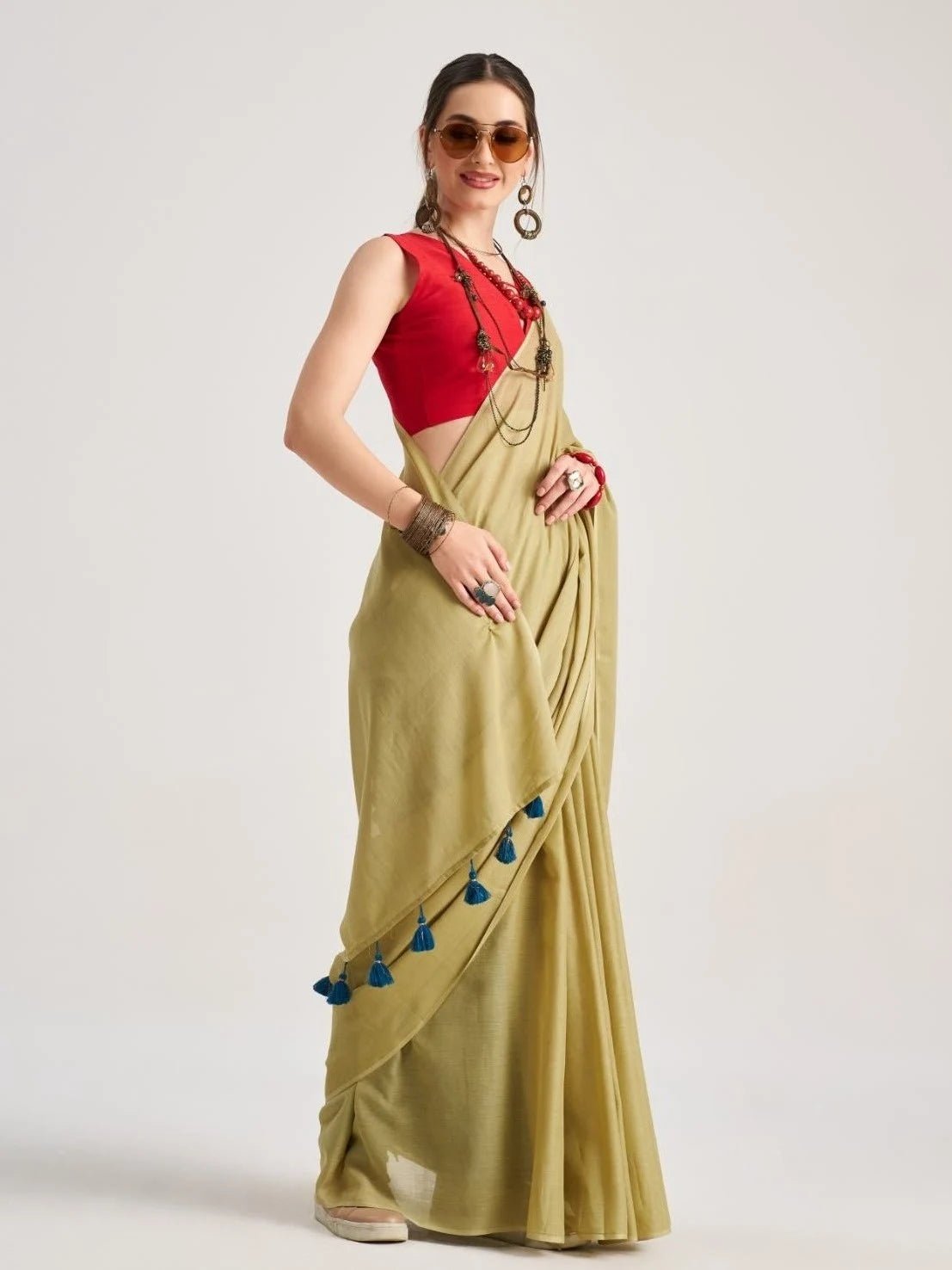 OLIVE GREEN MULMUL COTTON SOLID SAREE