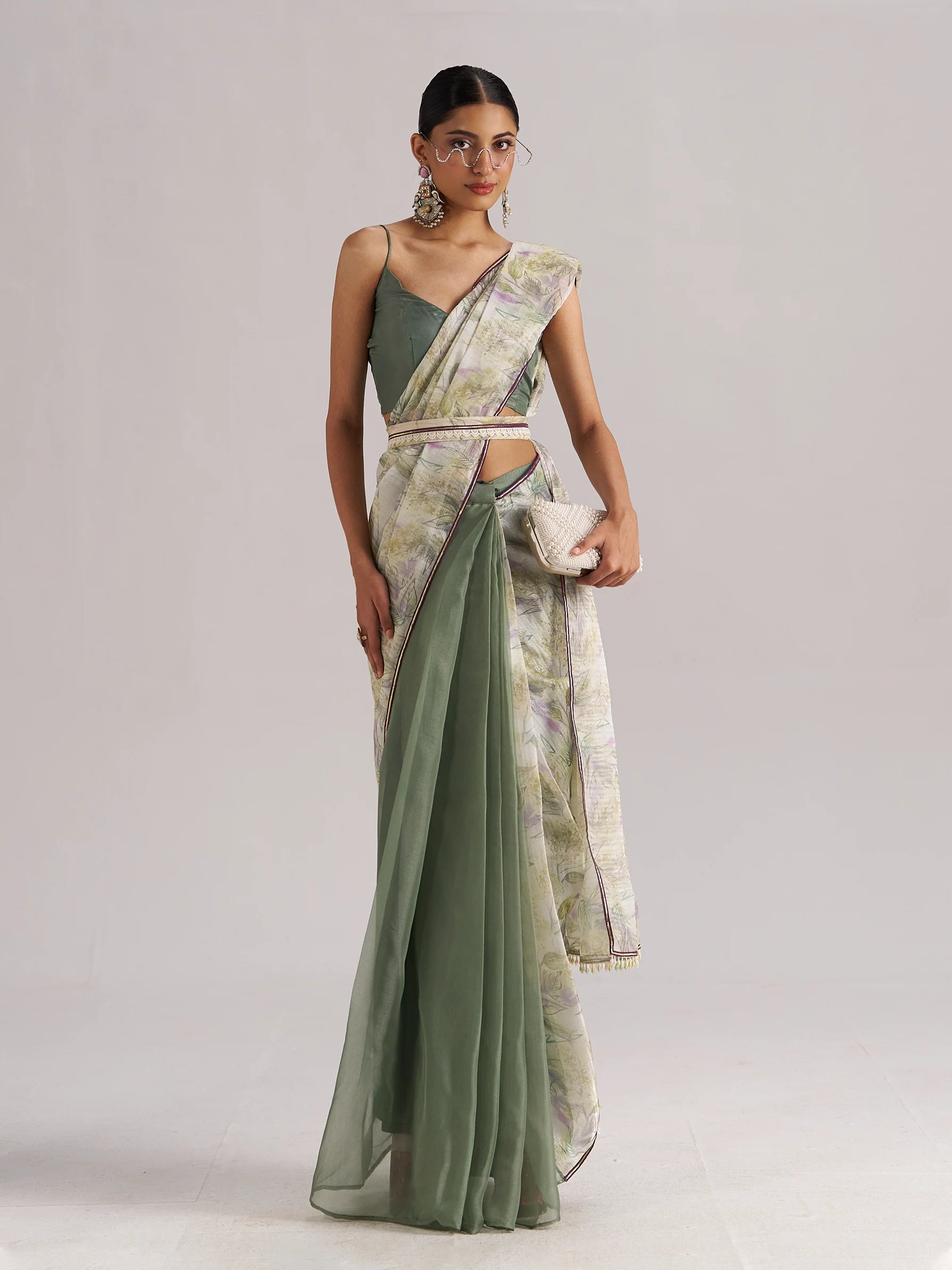 OLIVE MINT SOFT ORGANZA READY TO WEAR SAREE